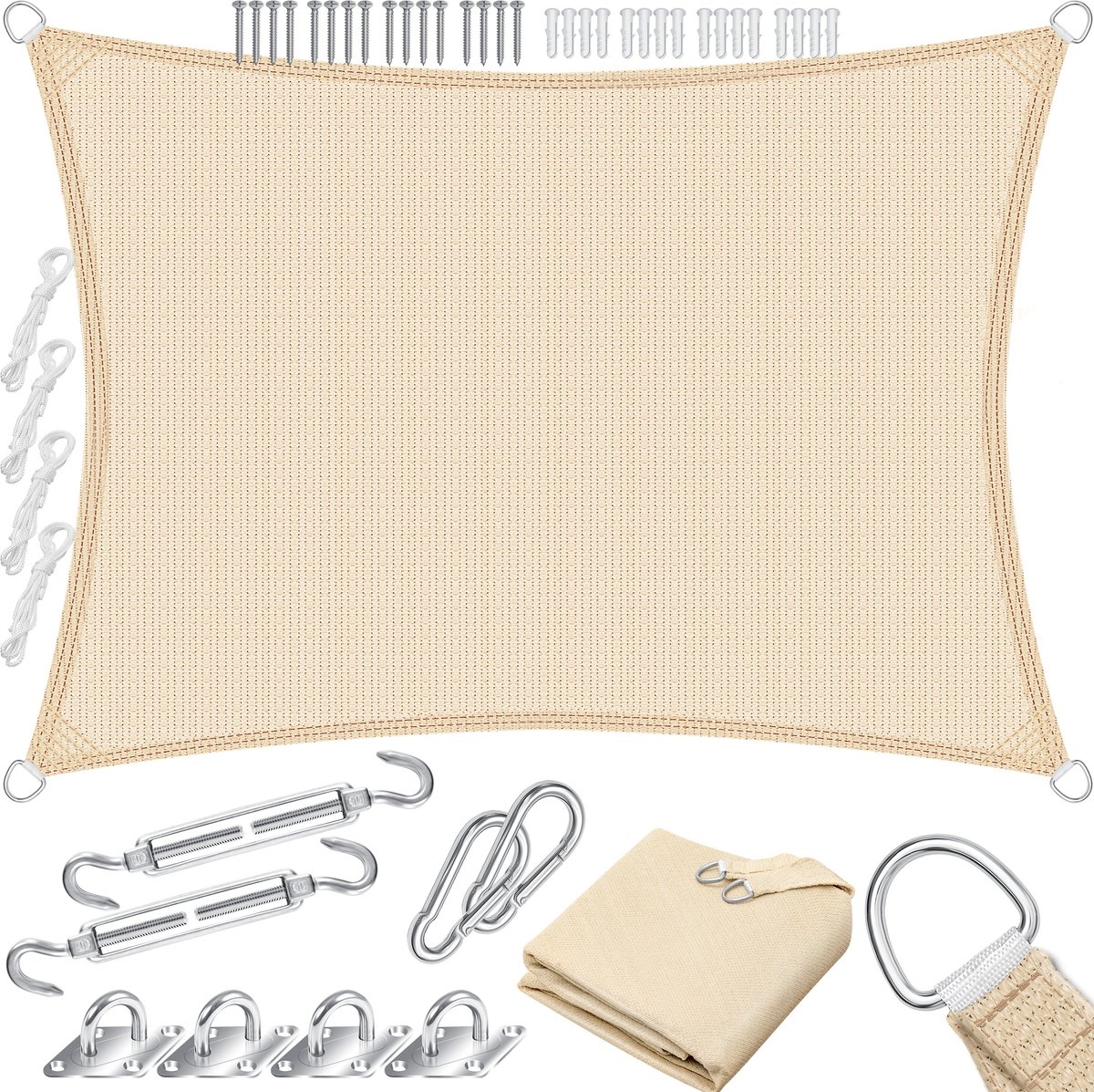 Schaduwdoek – zonnedoek – zonwering – 2x3 meter – met montagemateriaal – creme – rechthoek