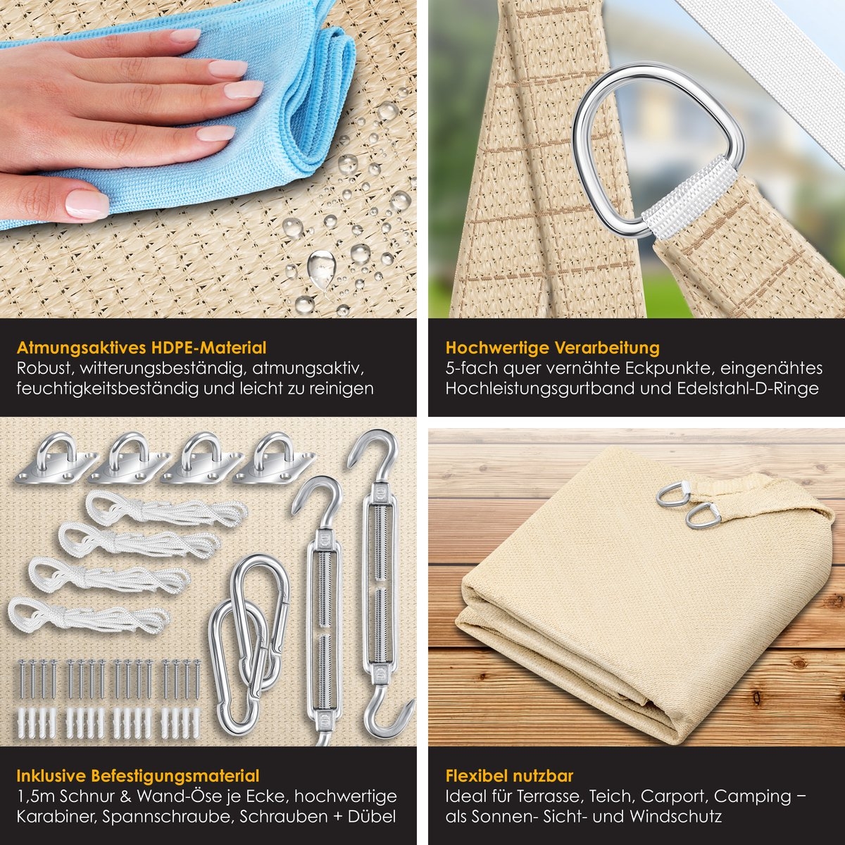 Schaduwdoek – zonnedoek – zonwering – 2x3 meter – met montagemateriaal – creme – rechthoek - Afbeelding 2