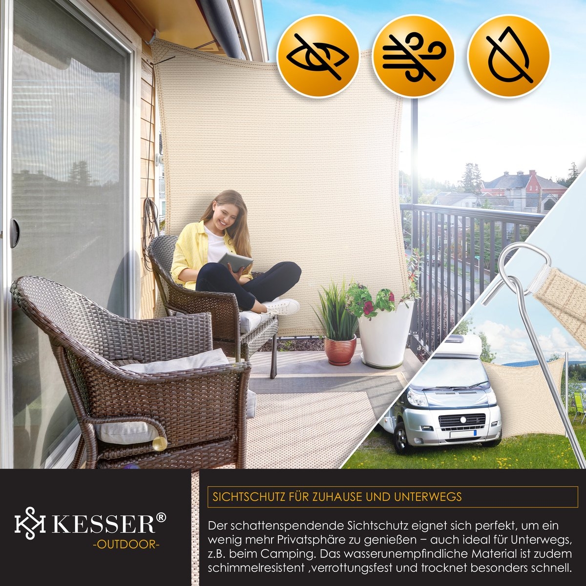 Schaduwdoek – zonnedoek – zonwering – 2x3 meter – met montagemateriaal – creme – rechthoek - Afbeelding 5