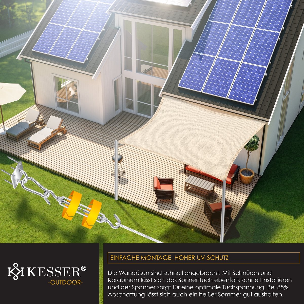 Schaduwdoek – zonnedoek – zonwering – 2x3 meter – met montagemateriaal – creme – rechthoek - Afbeelding 7