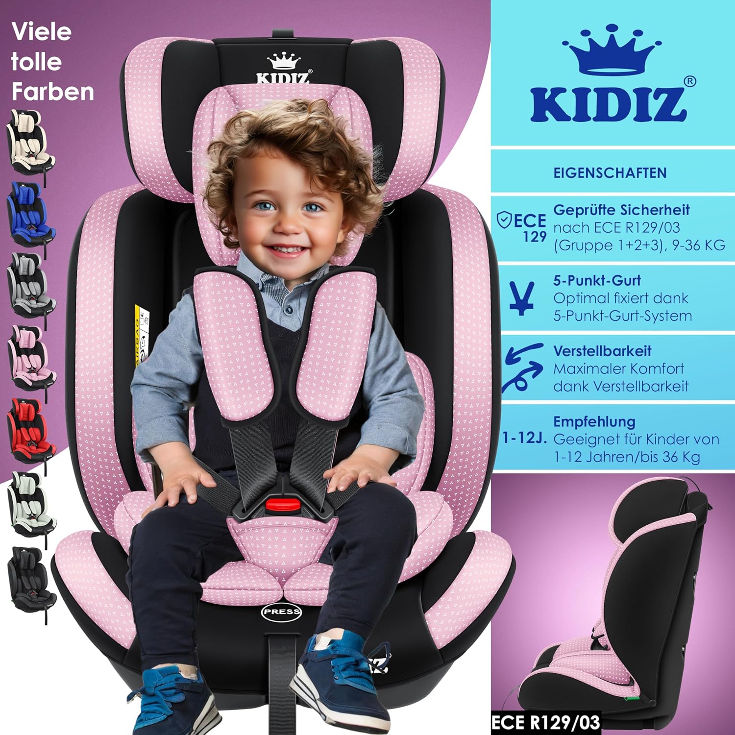 Kinderautostoeltje - autostoeltje - 9 kg t/m 36 kg - groep 1/2/3 - universeel - roze - Afbeelding 2