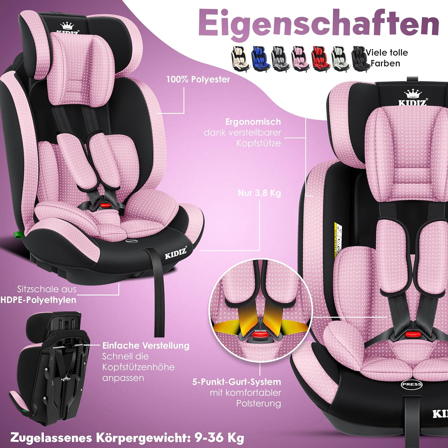 Kinderautostoeltje - autostoeltje - 9 kg t/m 36 kg - groep 1/2/3 - universeel - roze - Afbeelding 4
