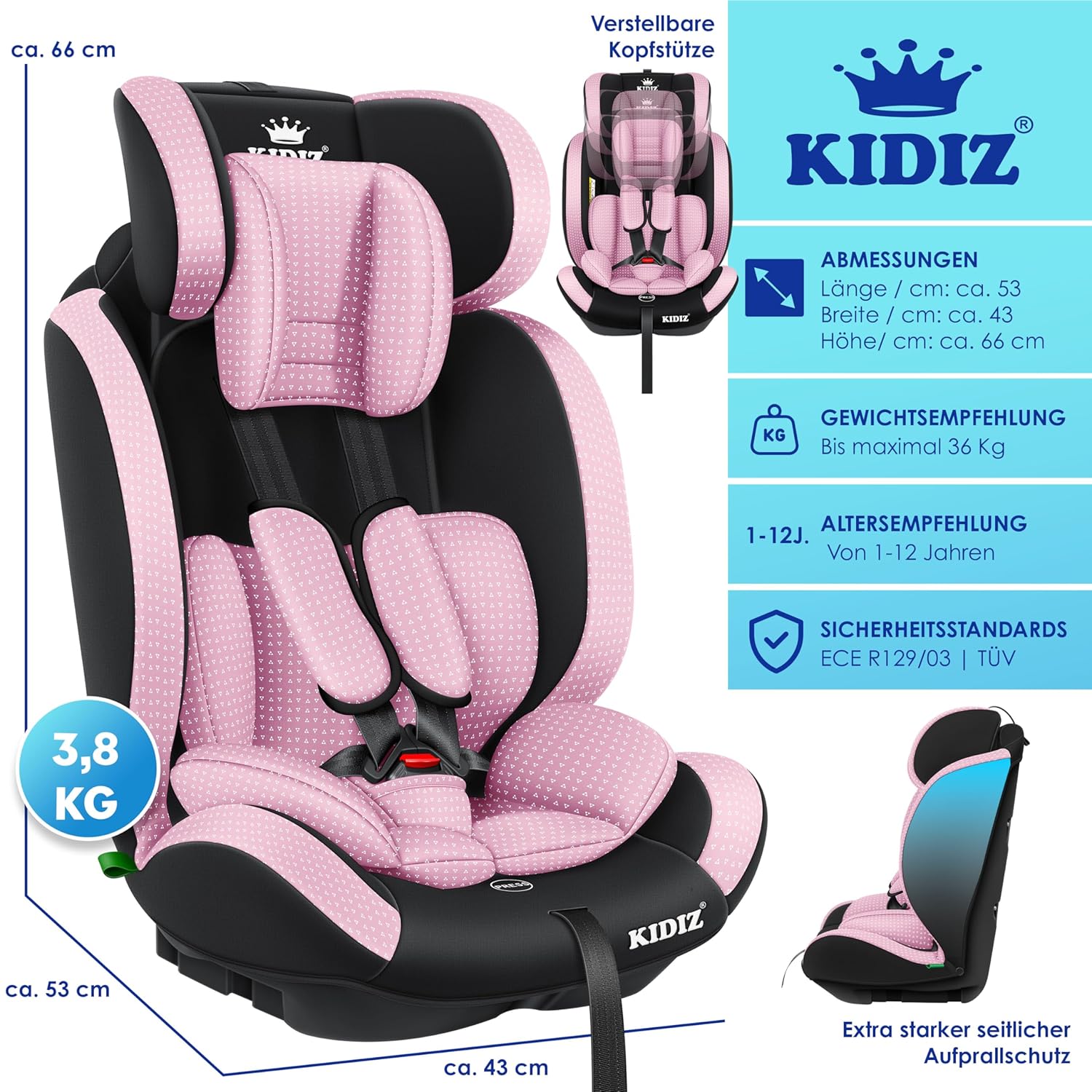 Kinderautostoeltje - autostoeltje - 9 kg t/m 36 kg - groep 1/2/3 - universeel - roze - Afbeelding 7