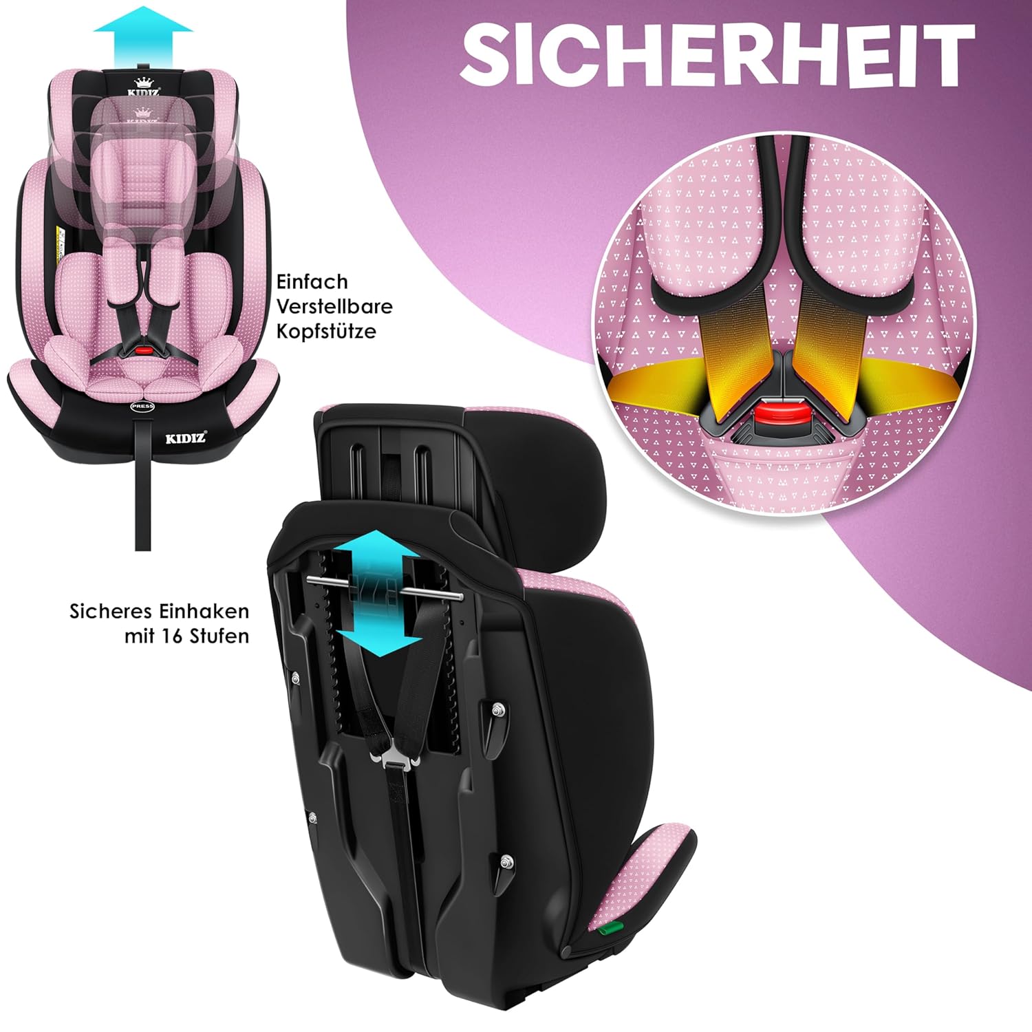 Kinderautostoeltje - autostoeltje - 9 kg t/m 36 kg - groep 1/2/3 - universeel - roze - Afbeelding 8