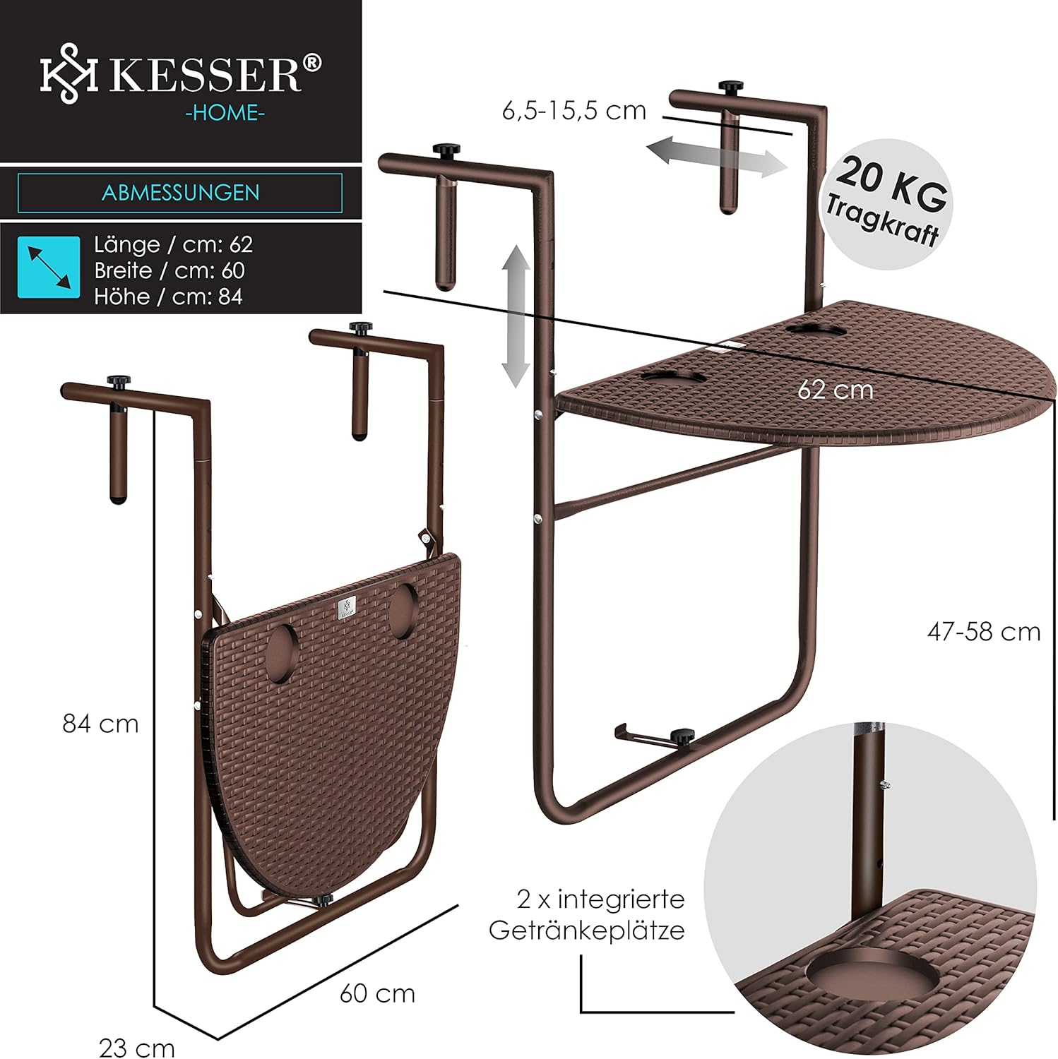 Balkontafel inklapbaar - ophangen - bruin - 62x60 cm - met twee plekken voor drinken - Afbeelding 2