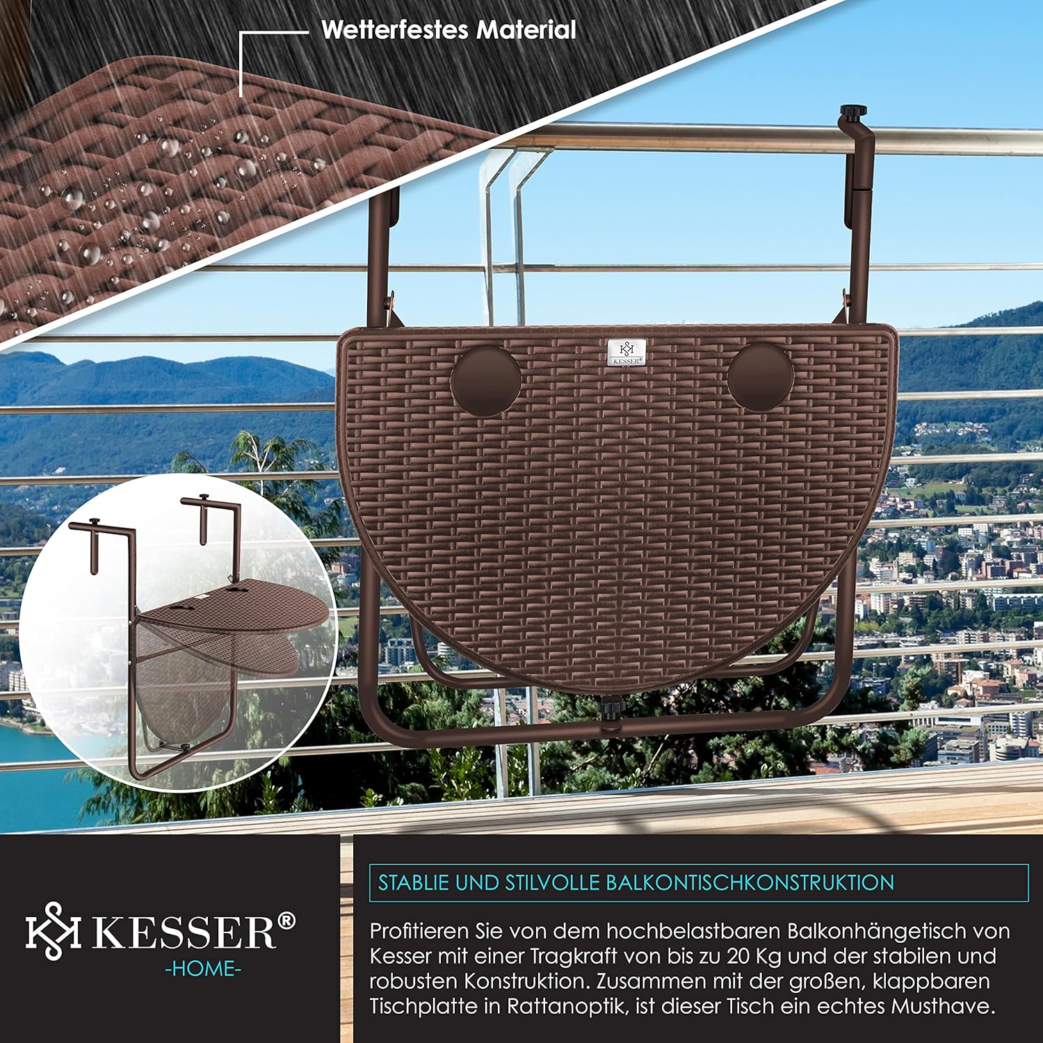 Balkontafel inklapbaar - ophangen - bruin - 62x60 cm - met twee plekken voor drinken - Afbeelding 4