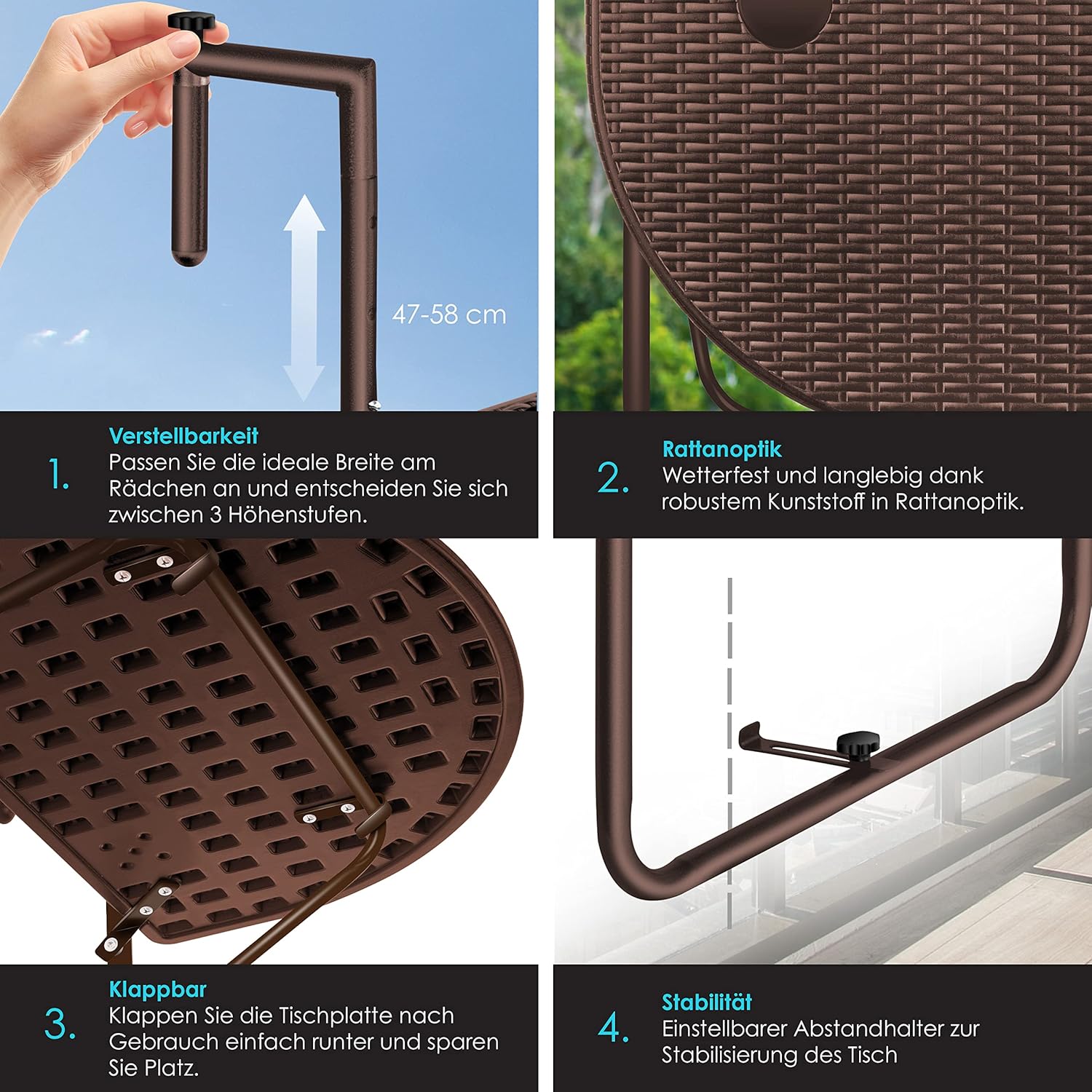 Balkontafel inklapbaar - ophangen - bruin - 62x60 cm - met twee plekken voor drinken - Afbeelding 5
