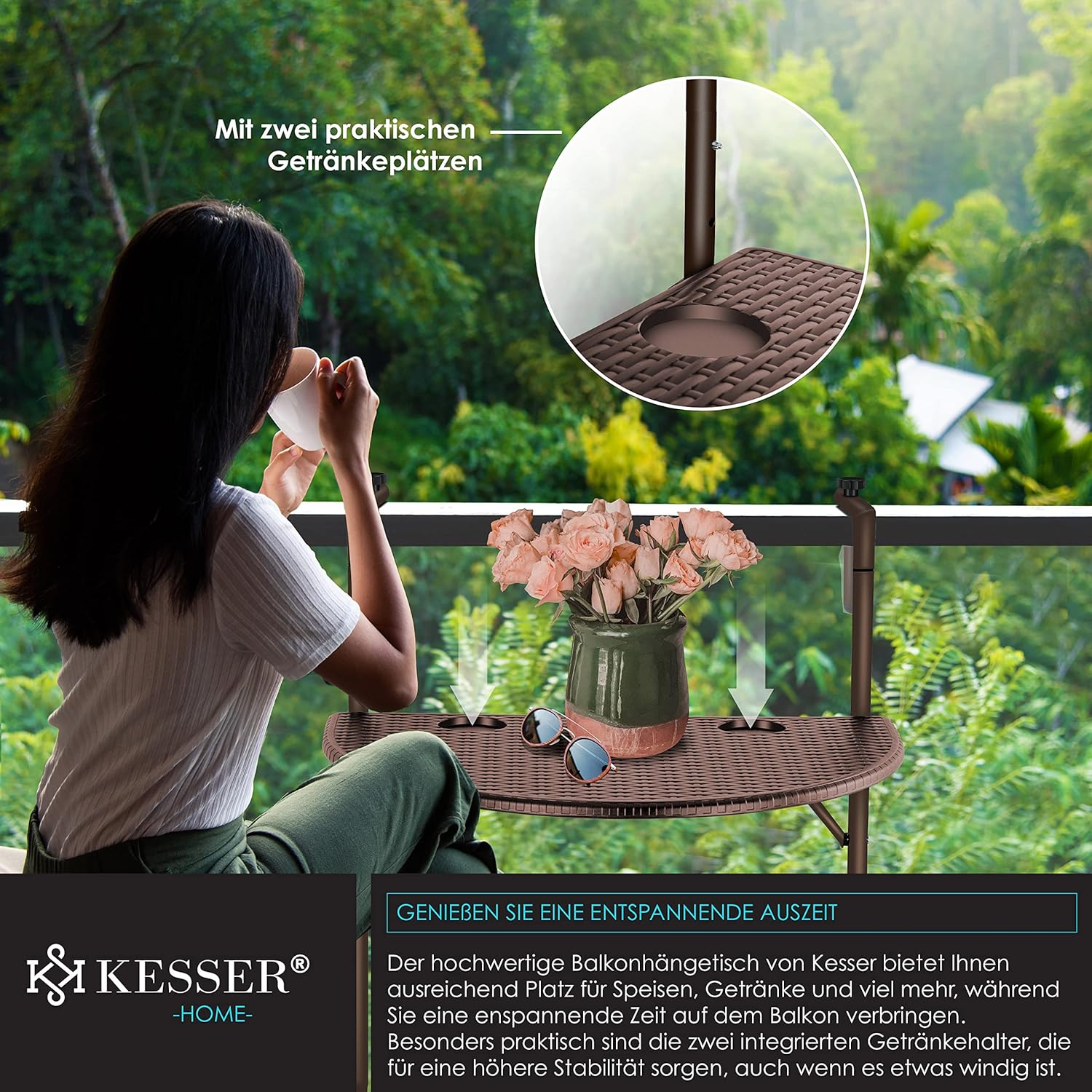 Balkontafel inklapbaar - ophangen - bruin - 62x60 cm - met twee plekken voor drinken - Afbeelding 6