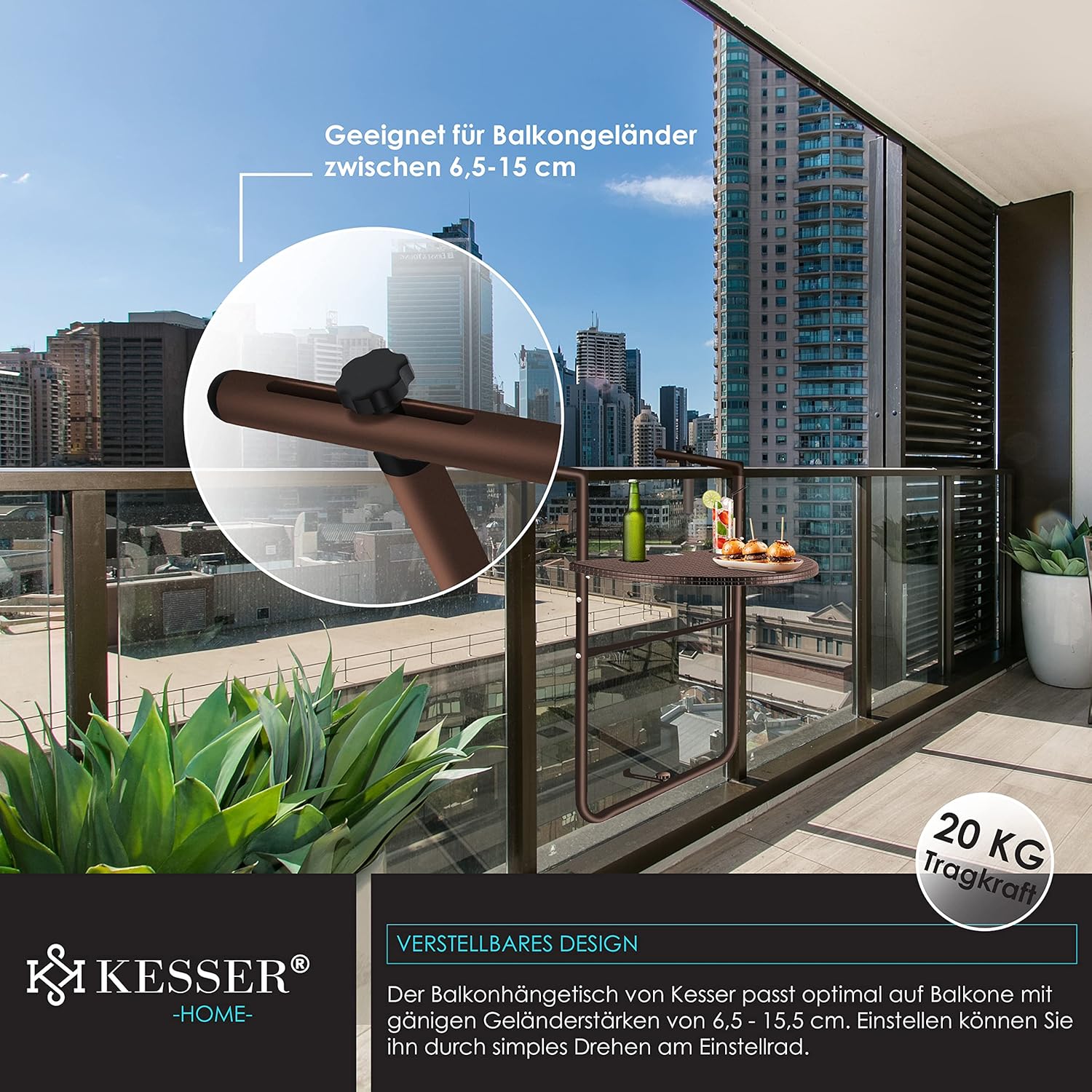 Balkontafel inklapbaar - ophangen - bruin - 62x60 cm - met twee plekken voor drinken - Afbeelding 7