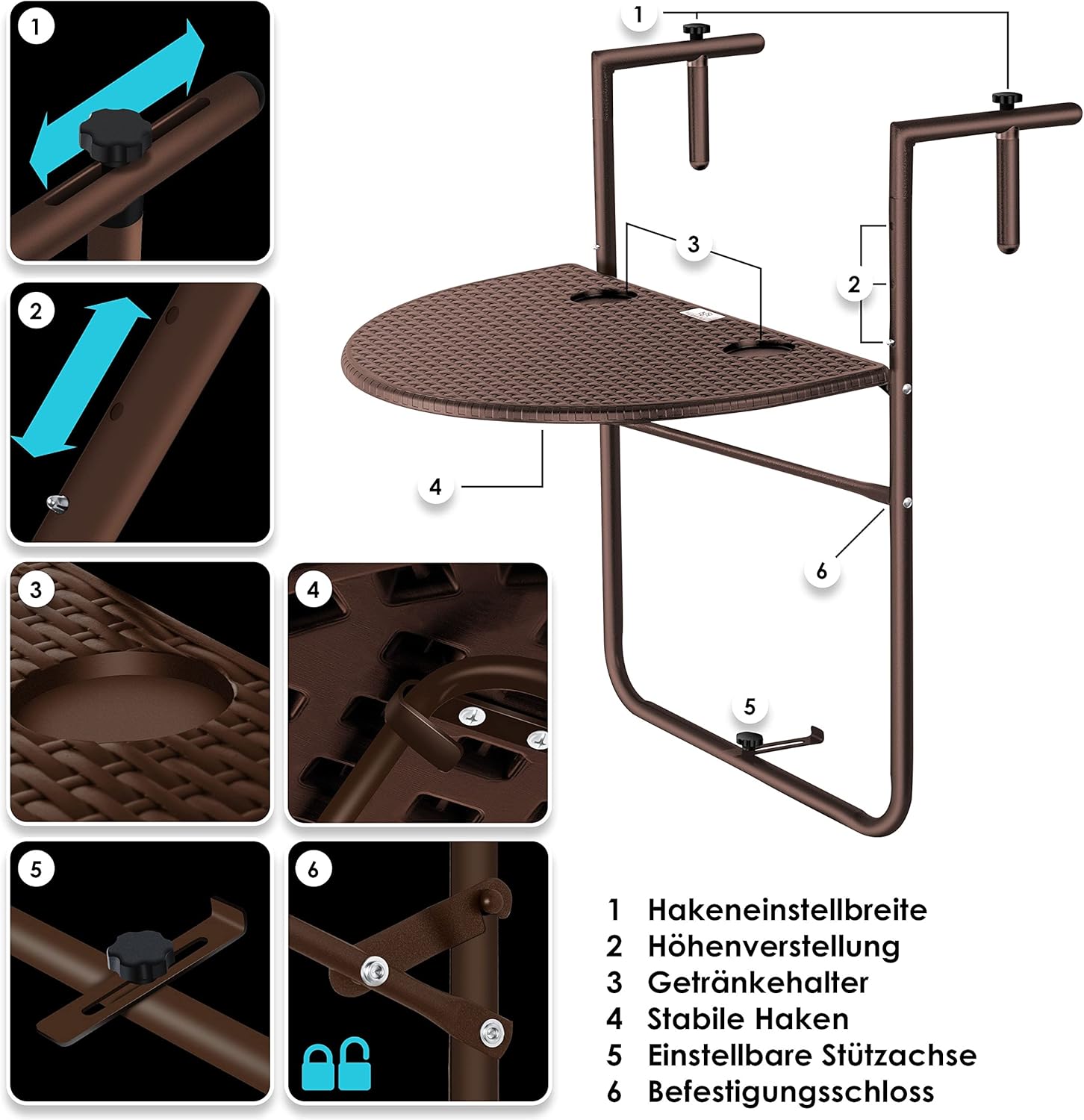 Balkontafel inklapbaar - ophangen - bruin - 62x60 cm - met twee plekken voor drinken - Afbeelding 8
