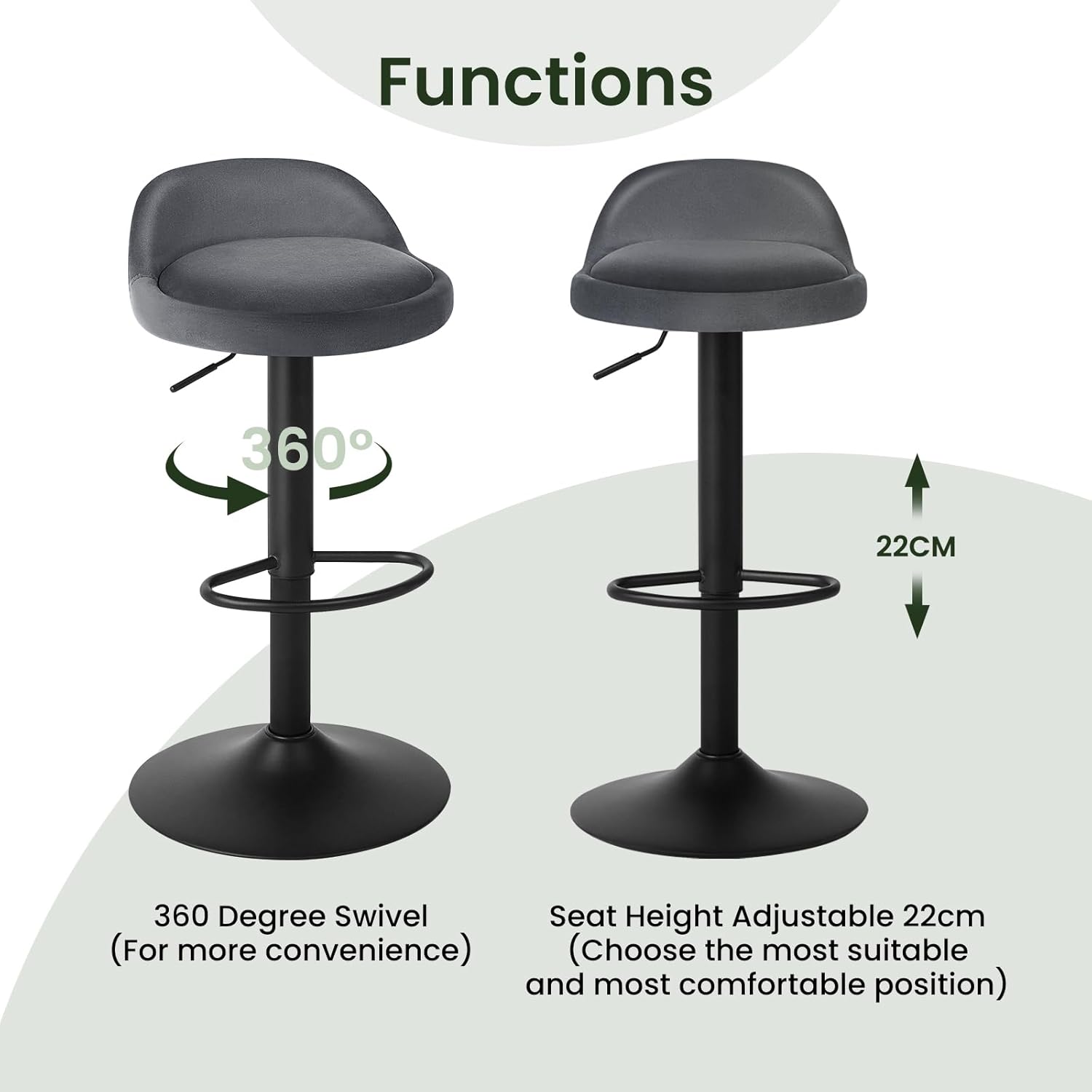 2x Woltu - barkruk grijs met zwart - verstelbare hoogte - draaibaar en voetensteun - metaal - set van 2 stuks