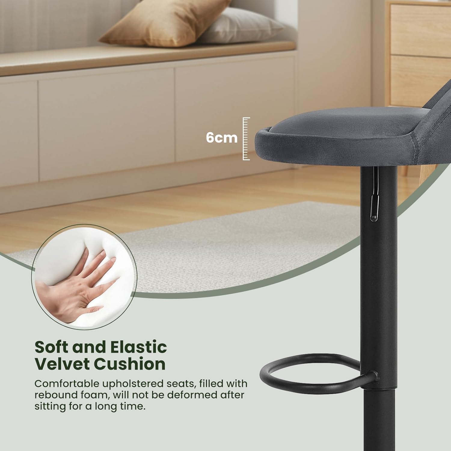 2x Woltu - barkruk grijs met zwart - verstelbare hoogte - draaibaar en voetensteun - metaal - set van 2 stuks - Afbeelding 2