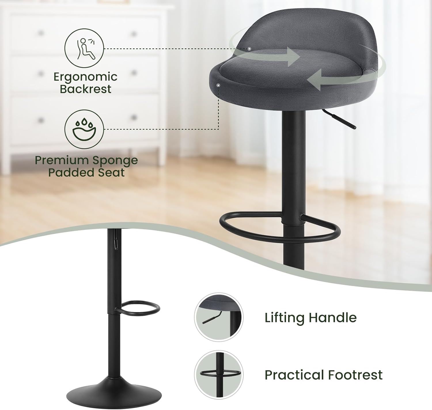 2x Woltu - barkruk grijs met zwart - verstelbare hoogte - draaibaar en voetensteun - metaal - set van 2 stuks - Afbeelding 3