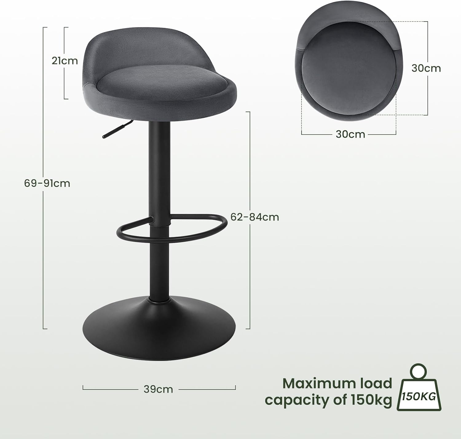 2x Woltu - barkruk grijs met zwart - verstelbare hoogte - draaibaar en voetensteun - metaal - set van 2 stuks - Afbeelding 4