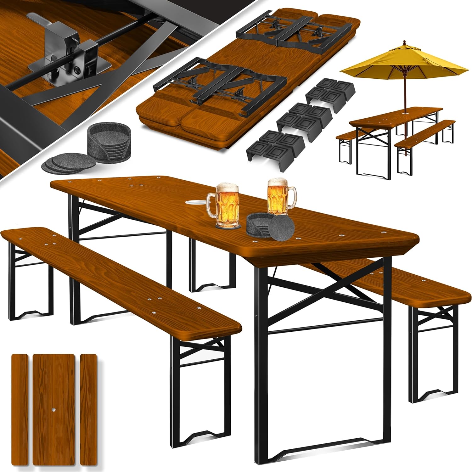 Biertafel / picknicktafel XL - tuintafel met banken - 220 x 50 x 75cm- opvouwbaar - hout - bruin