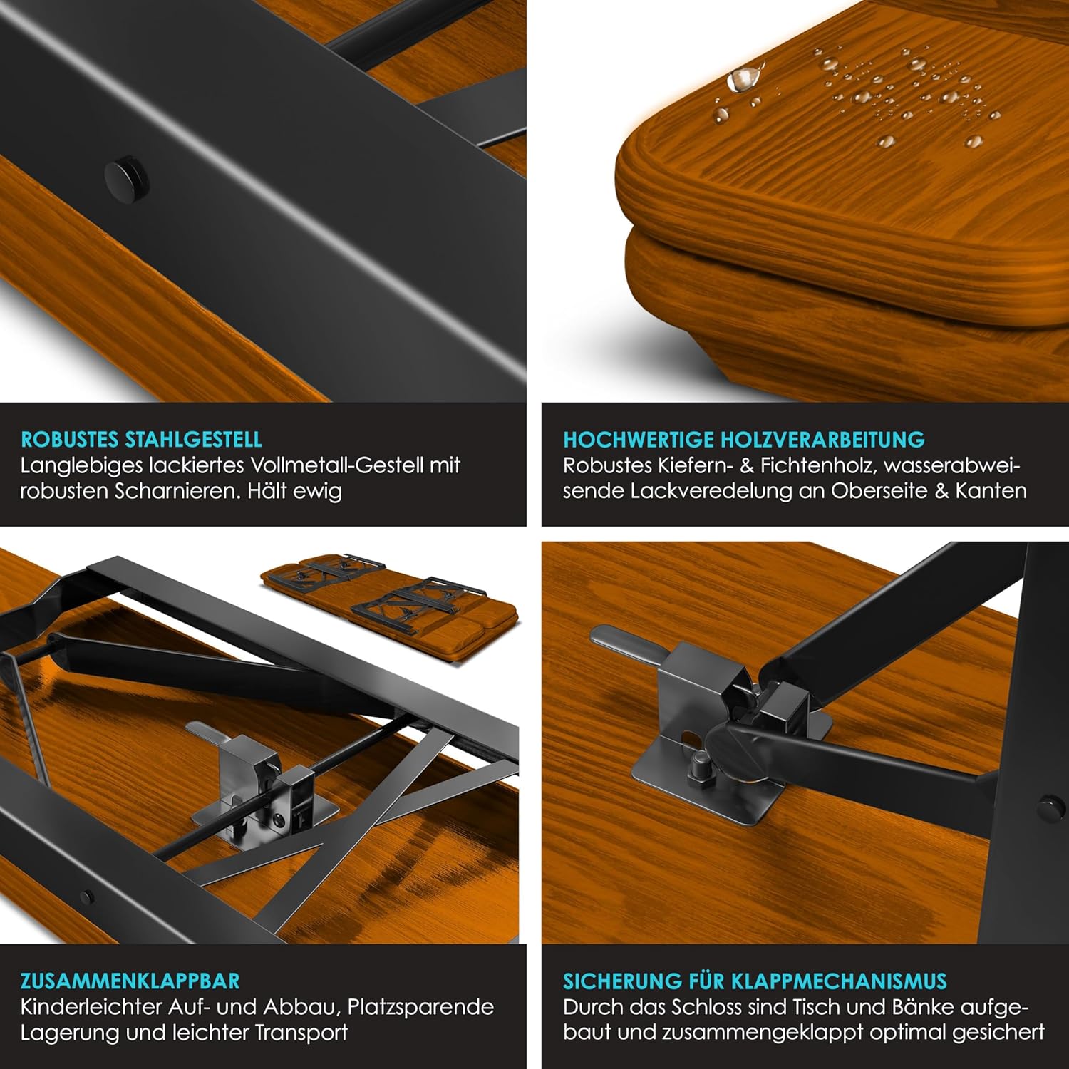 Biertafel / picknicktafel XL - tuintafel met banken - 220 x 50 x 75cm- opvouwbaar - hout - bruin - Afbeelding 3