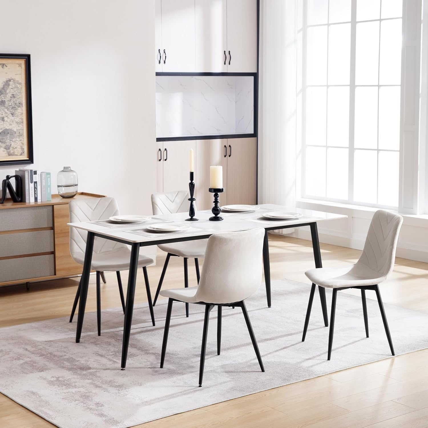 4x eetkamerstoelen - creme - Set van 4 - stof met metaal - met driehoek motief - Afbeelding 2