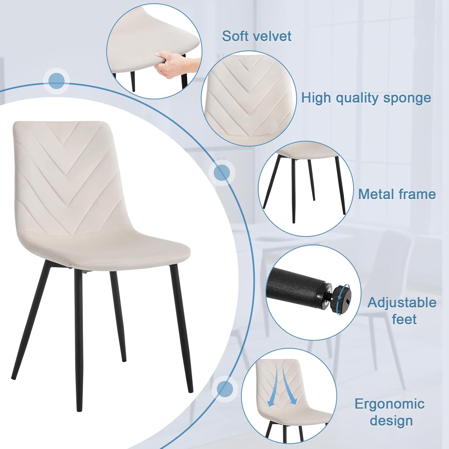 4x eetkamerstoelen - creme - Set van 4 - stof met metaal - met driehoek motief - Afbeelding 3