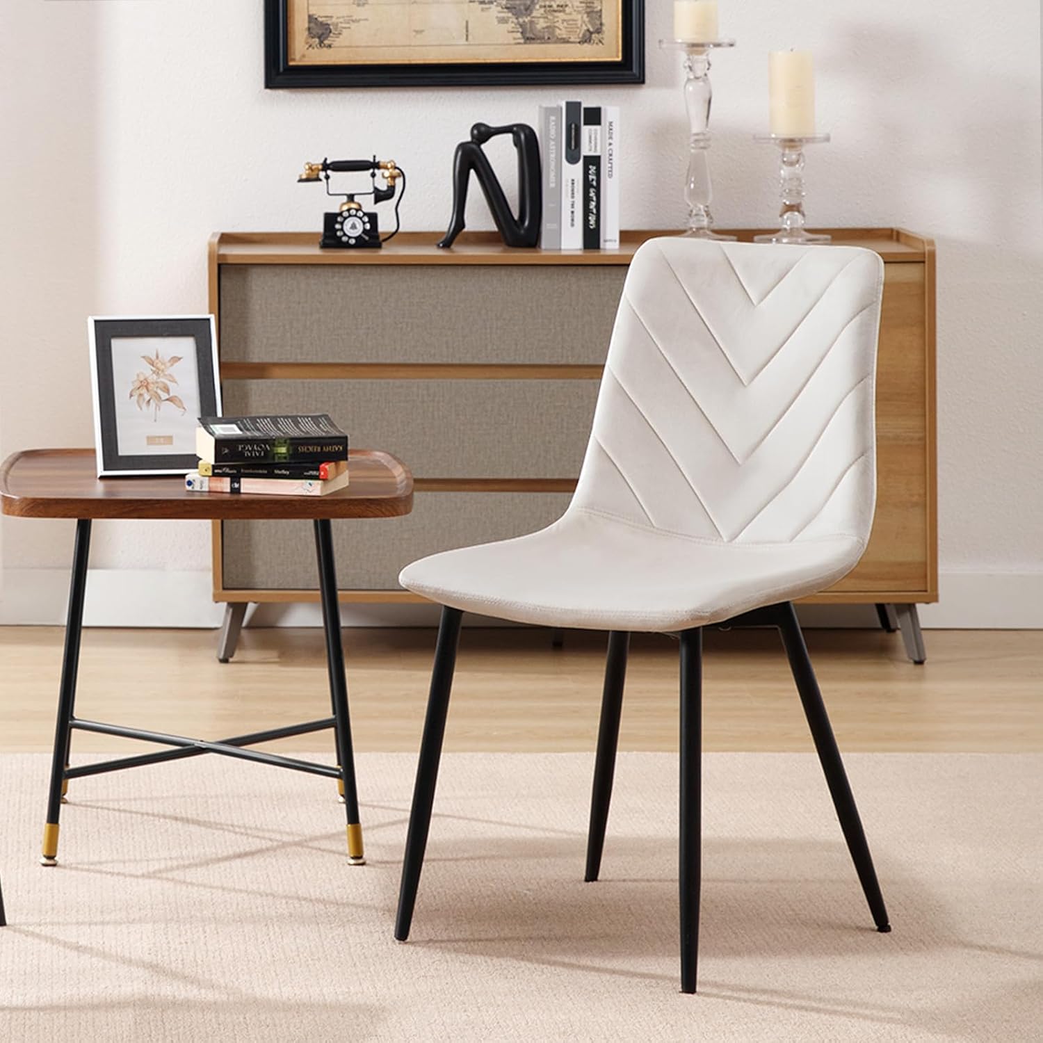 4x eetkamerstoelen - creme - Set van 4 - stof met metaal - met driehoek motief - Afbeelding 7