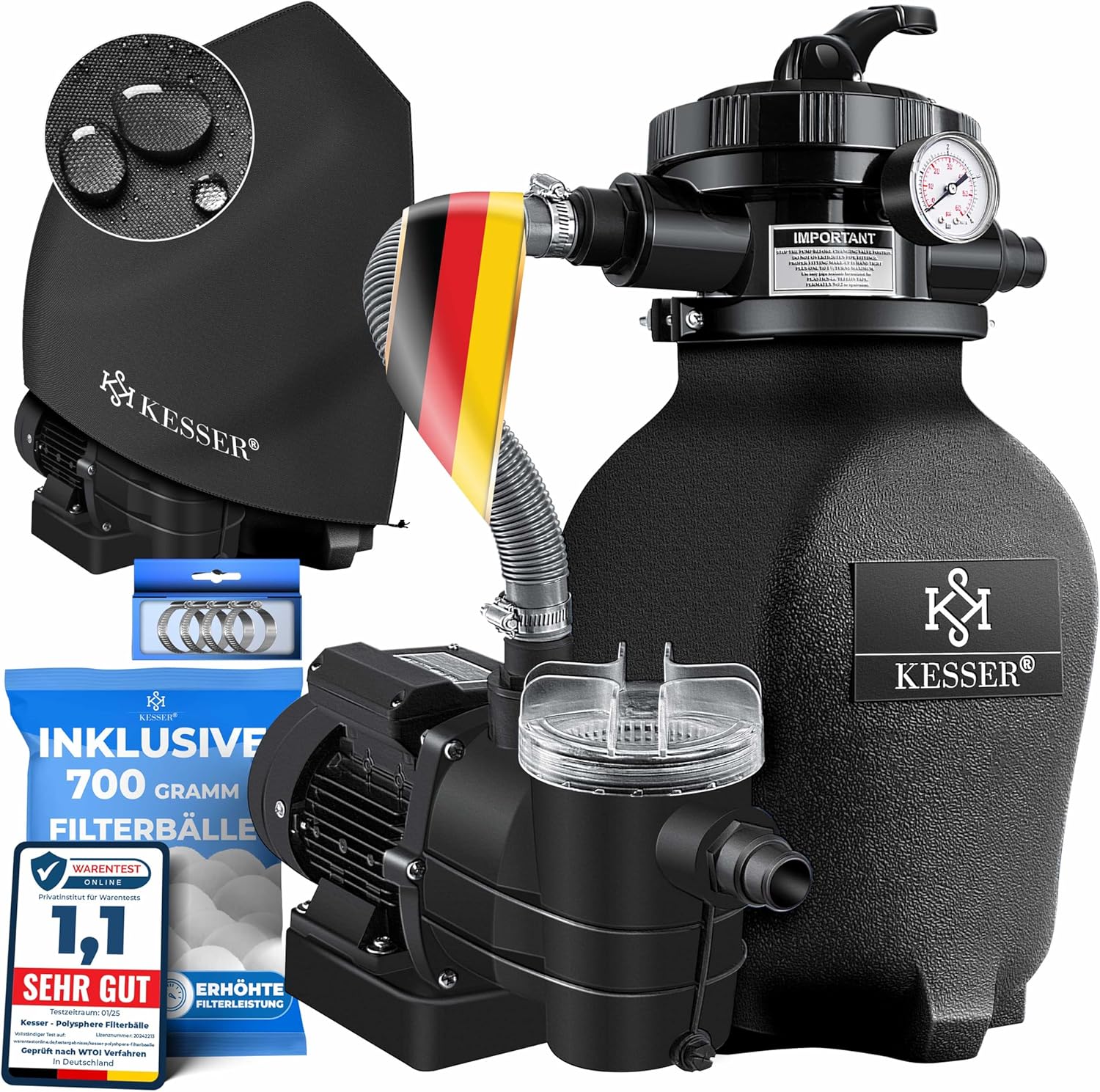 Zandfilterinstallatie zandfilter / zwembadfilter - met 700 g filterballen - 10 m³/h filterinstallatie / 10.200 l/u - met 7-weg ventiel met drukweergave