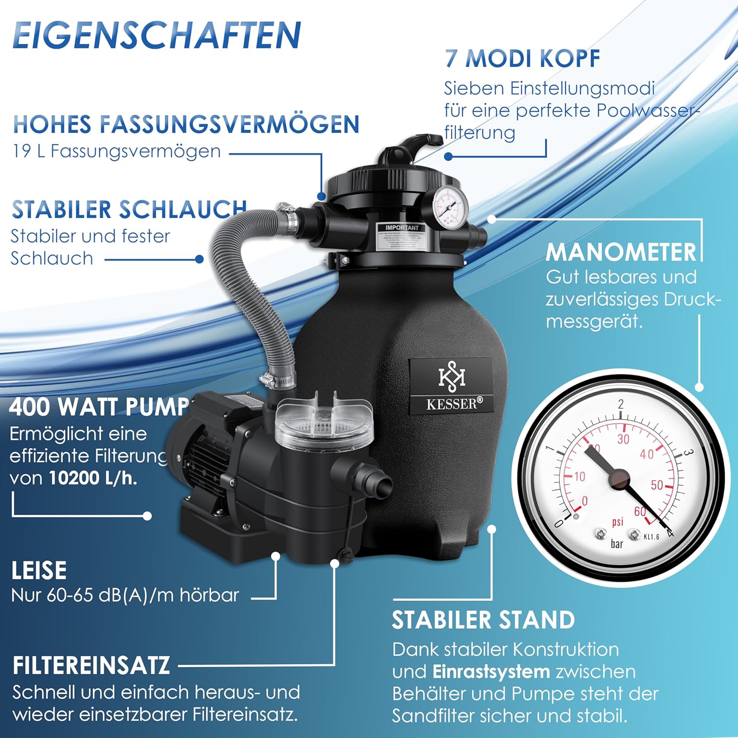 Zandfilterinstallatie zandfilter / zwembadfilter - met 700 g filterballen - 10 m³/h filterinstallatie / 10.200 l/u - met 7-weg ventiel met drukweergave - Afbeelding 9
