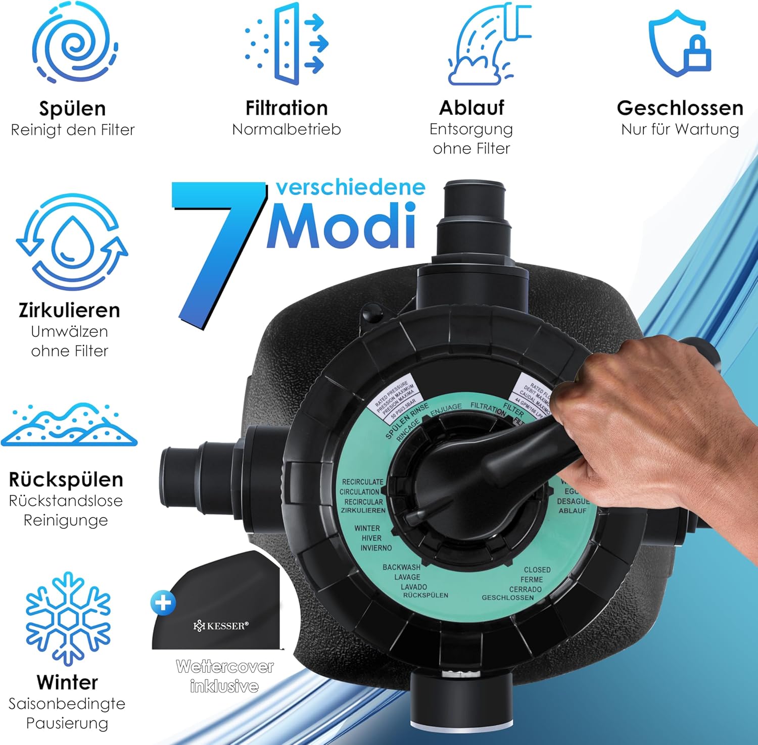 Zandfilterinstallatie zandfilter / zwembadfilter - met 700 g filterballen - 10 m³/h filterinstallatie / 10.200 l/u - met 7-weg ventiel met drukweergave - Afbeelding 7