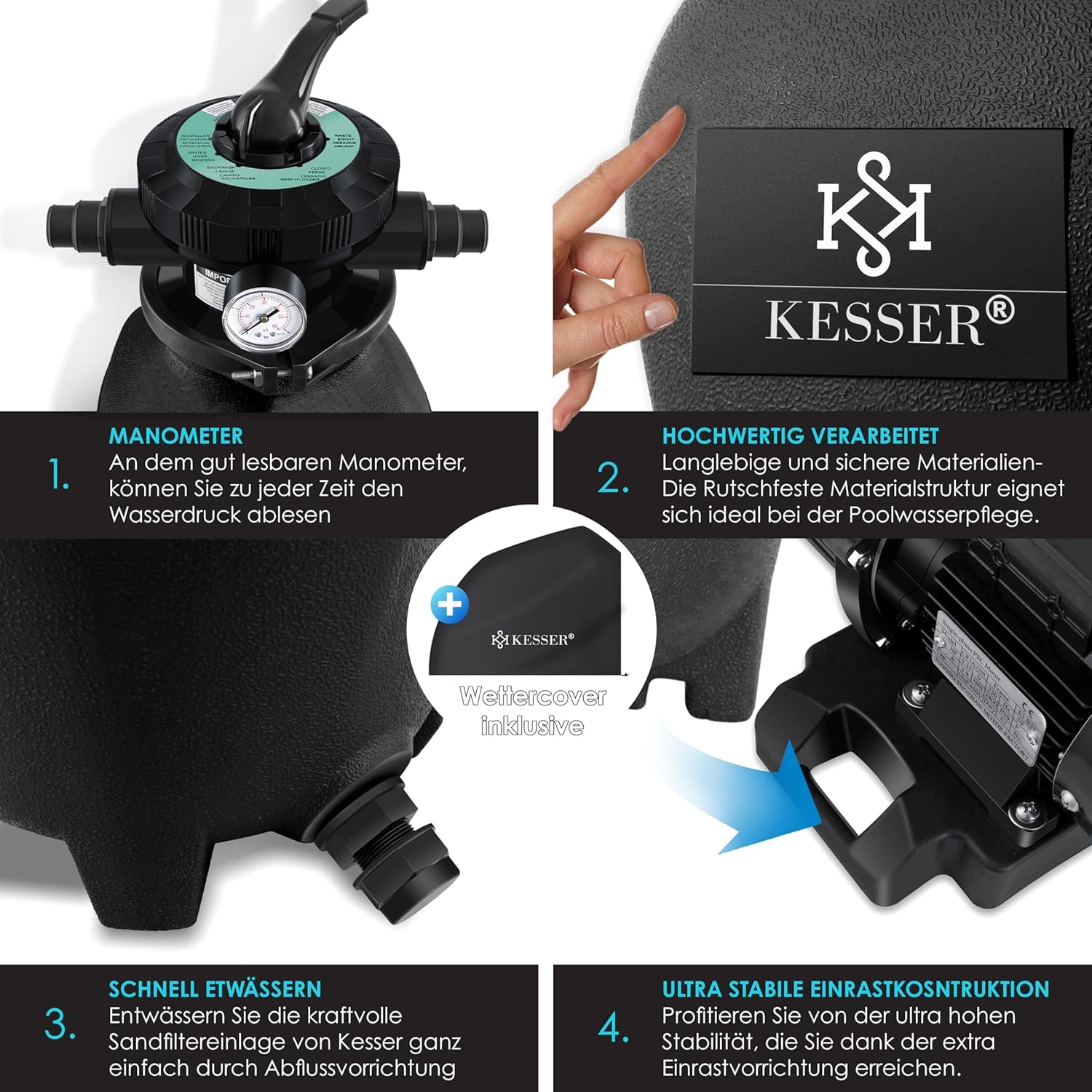 Zandfilterinstallatie zandfilter / zwembadfilter - met 700 g filterballen - 10 m³/h filterinstallatie / 10.200 l/u - met 7-weg ventiel met drukweergave - Afbeelding 6