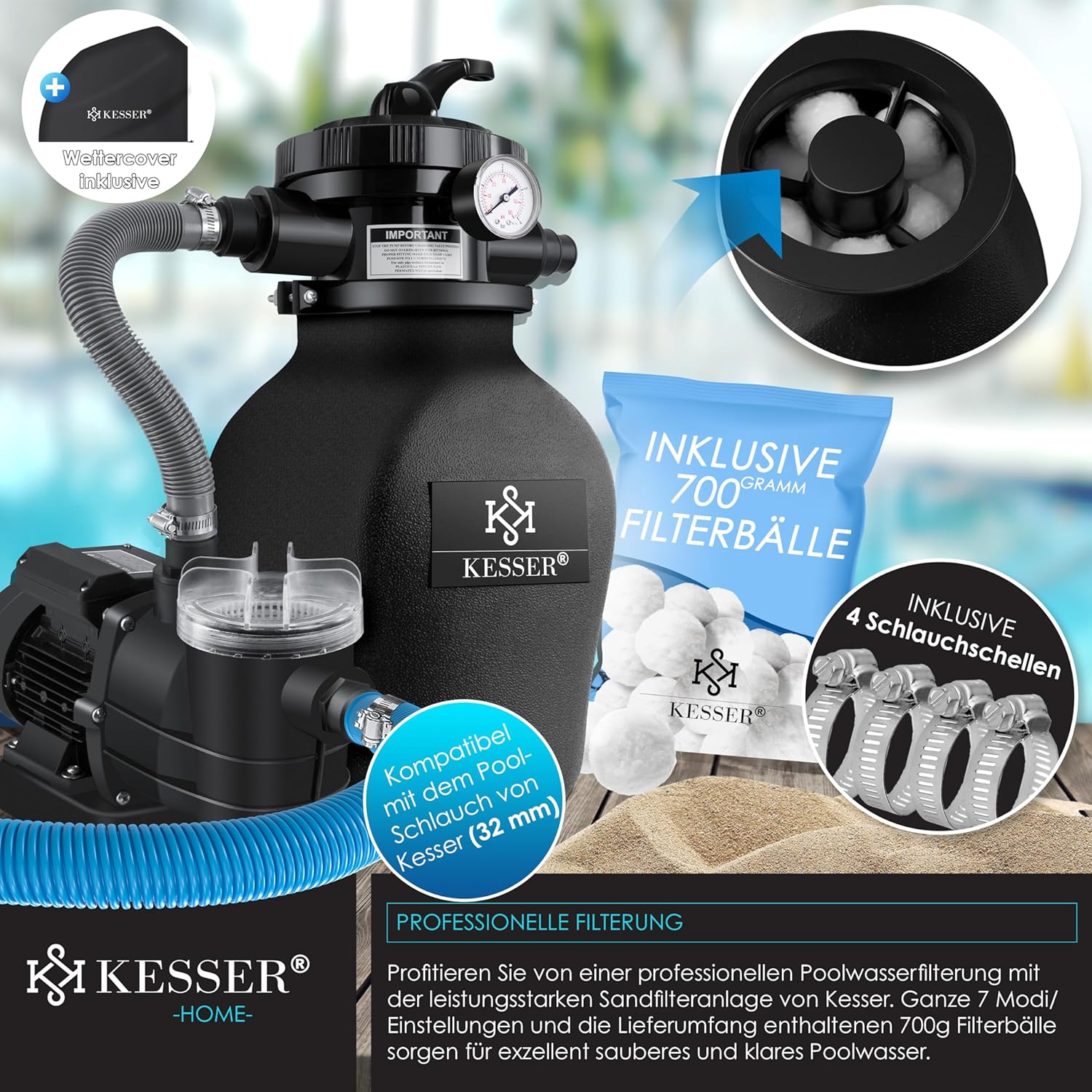 Zandfilterinstallatie zandfilter / zwembadfilter - met 700 g filterballen - 10 m³/h filterinstallatie / 10.200 l/u - met 7-weg ventiel met drukweergave - Afbeelding 5