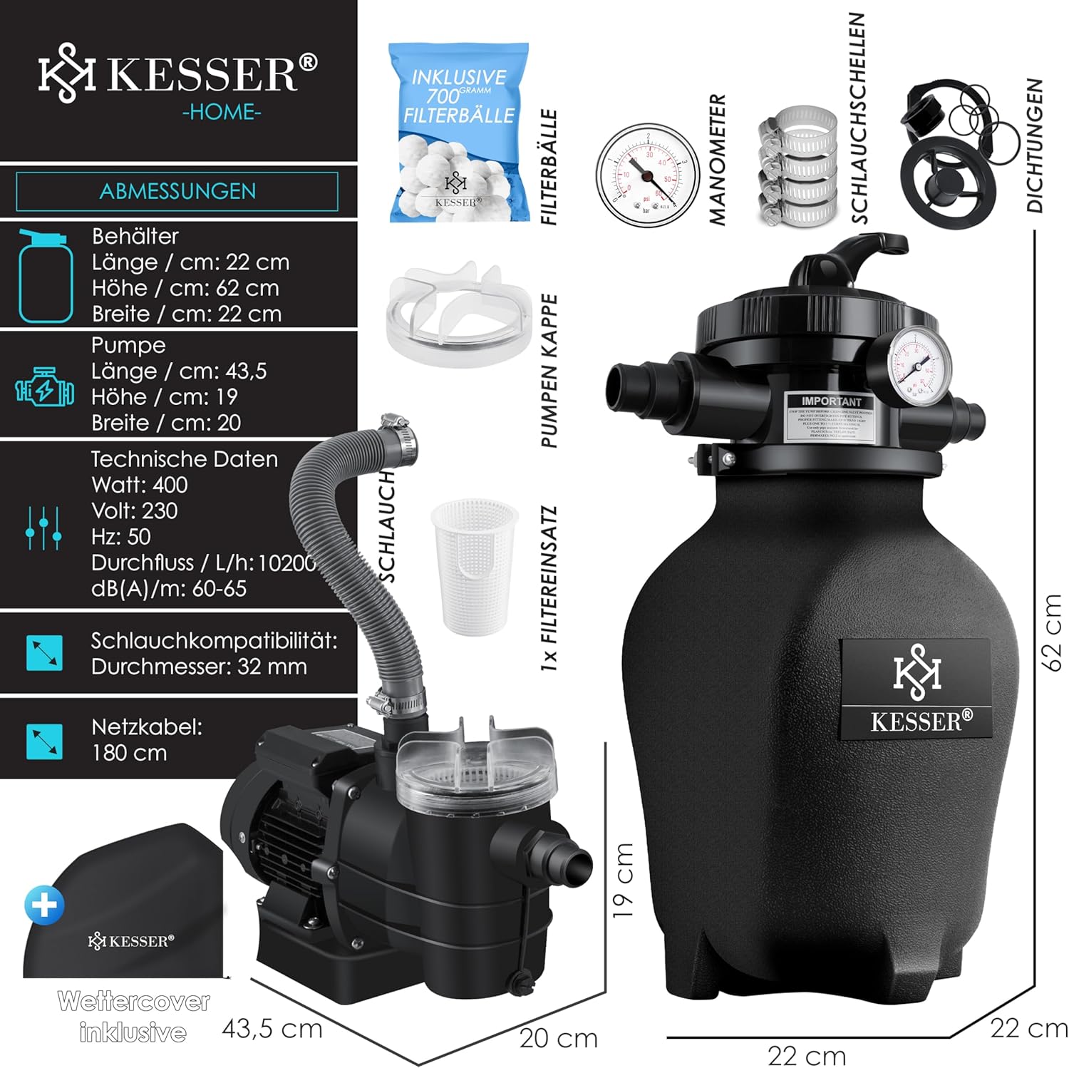 Zandfilterinstallatie zandfilter / zwembadfilter - met 700 g filterballen - 10 m³/h filterinstallatie / 10.200 l/u - met 7-weg ventiel met drukweergave - Afbeelding 4