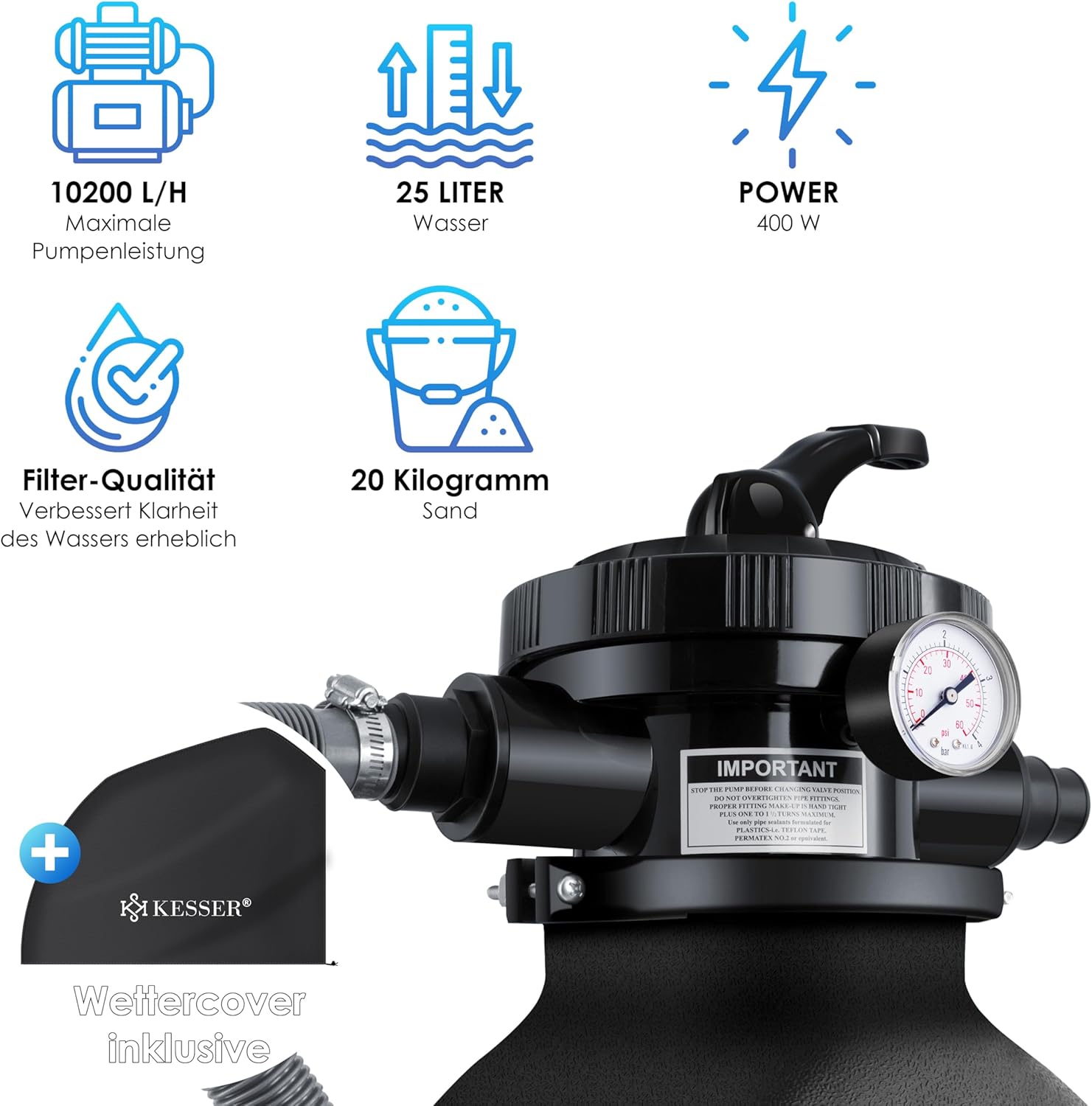 Zandfilterinstallatie zandfilter / zwembadfilter - met 700 g filterballen - 10 m³/h filterinstallatie / 10.200 l/u - met 7-weg ventiel met drukweergave - Afbeelding 2
