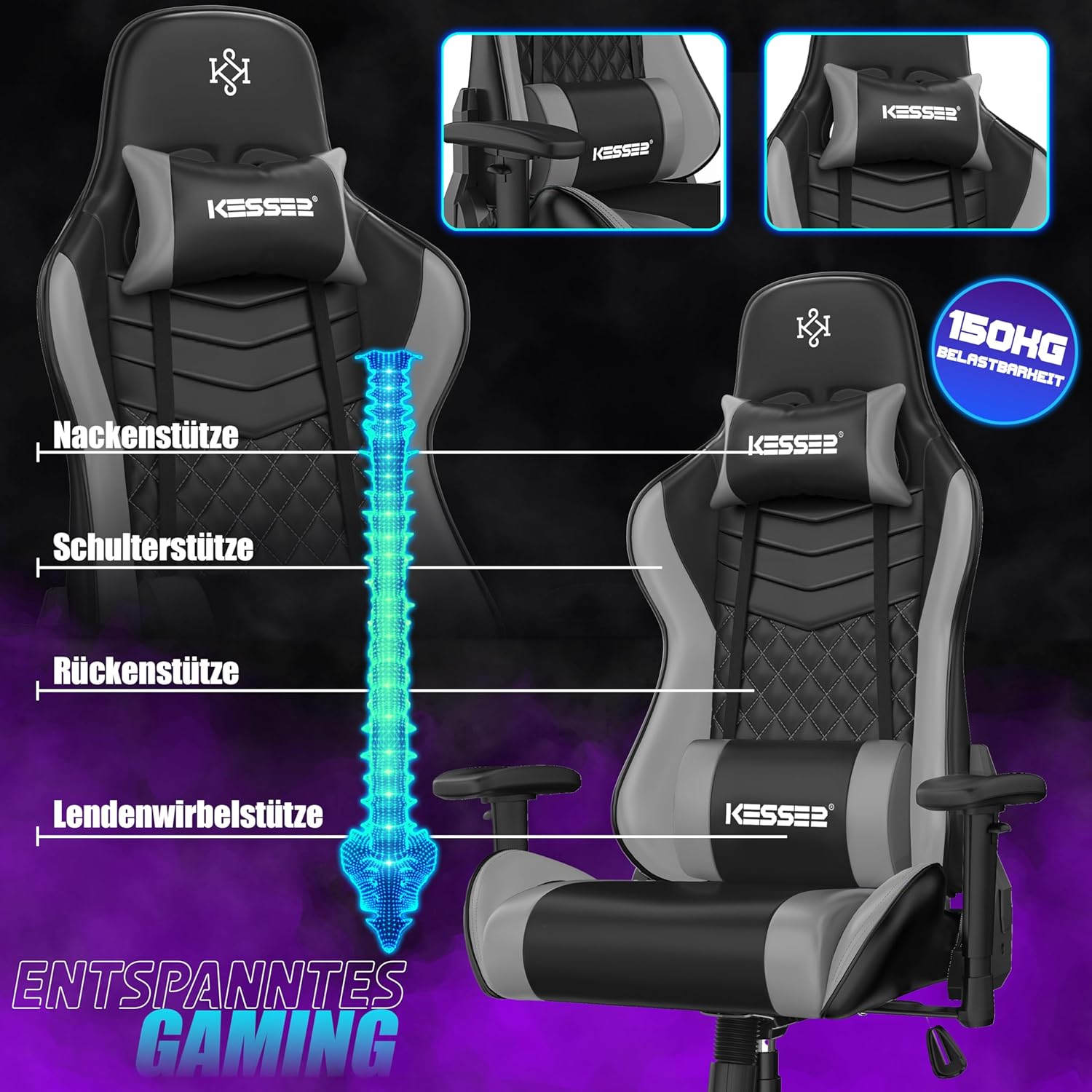 Bureaustoel - racestoel - gamestoel / gamingstoel - max 150 kg belastbaar 360 graden draaibaar - zwart - Afbeelding 3