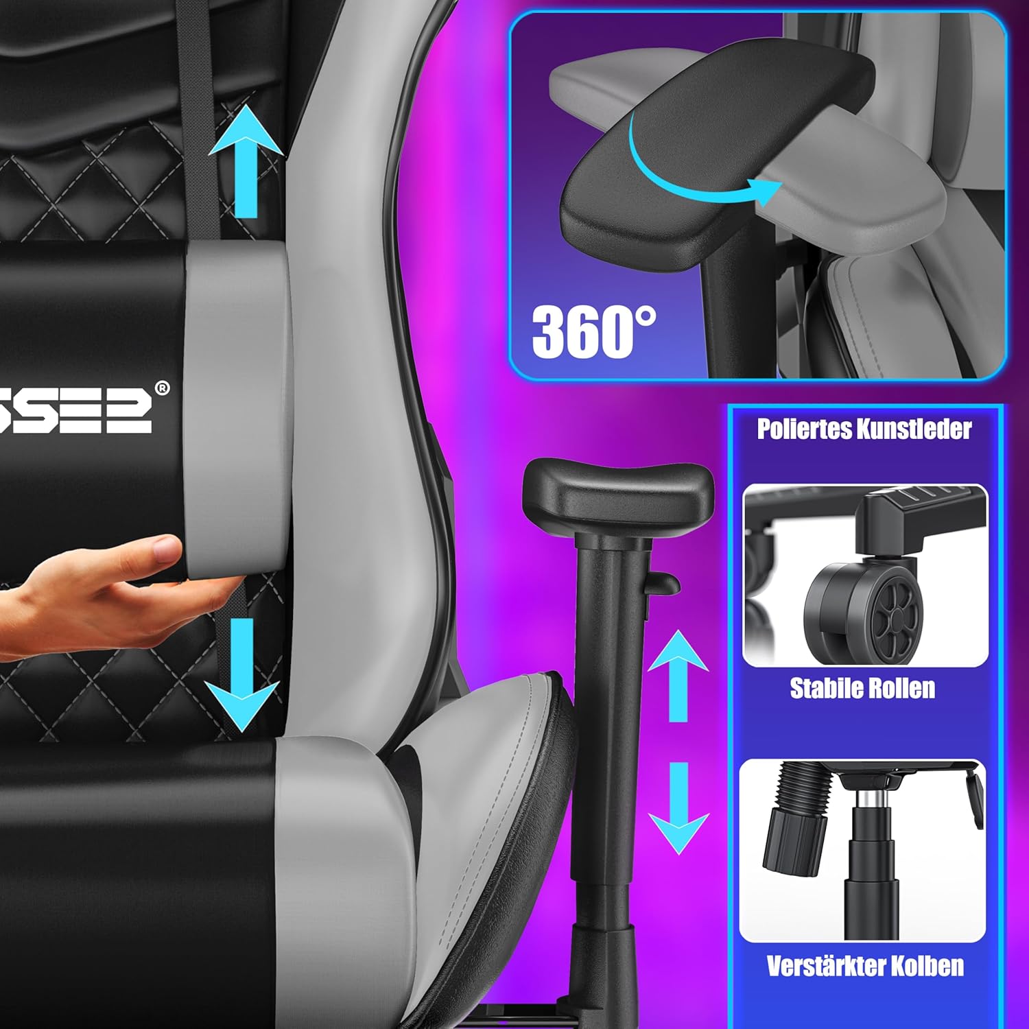 Bureaustoel - racestoel - gamestoel / gamingstoel - max 150 kg belastbaar 360 graden draaibaar - zwart - Afbeelding 4