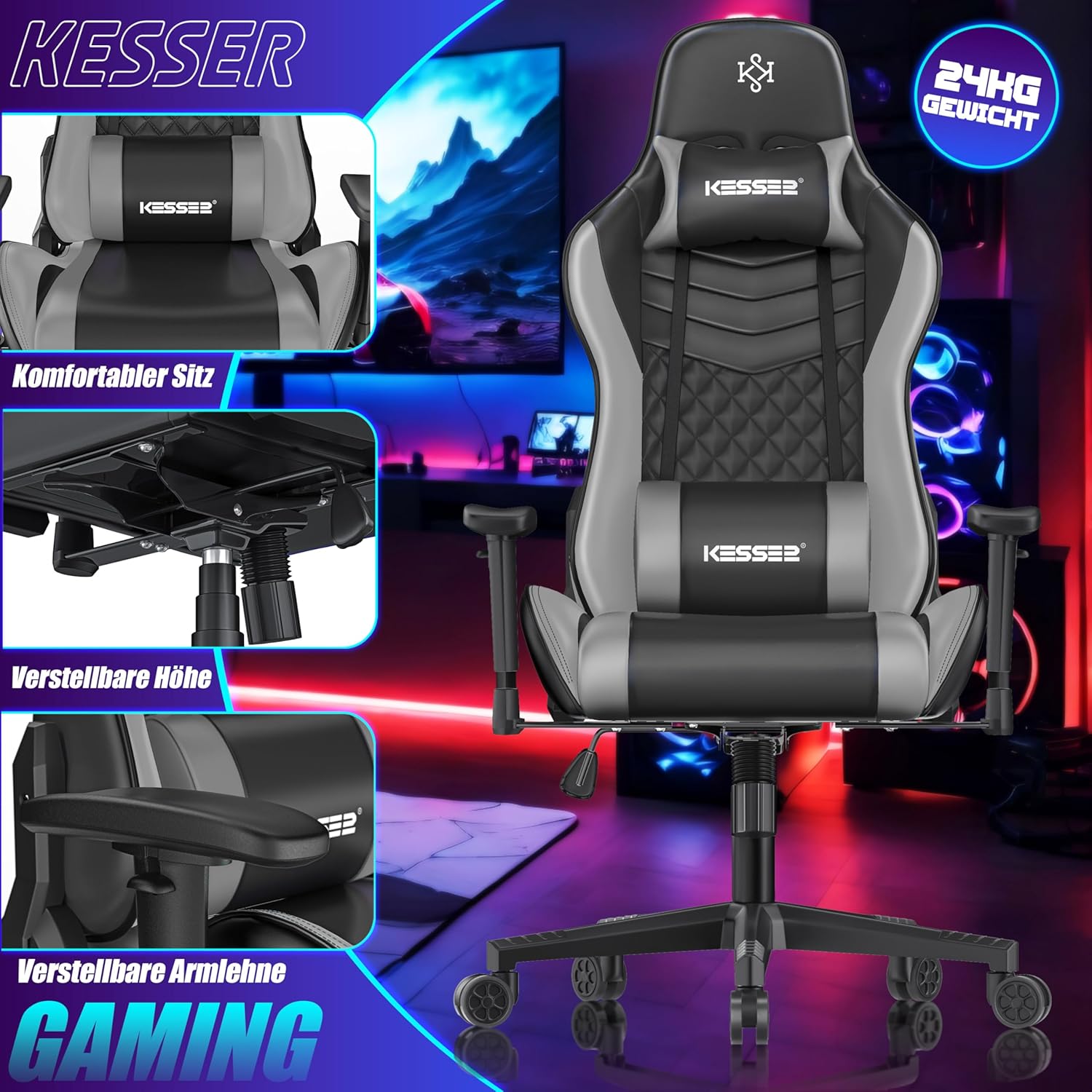 Bureaustoel - racestoel - gamestoel / gamingstoel - max 150 kg belastbaar 360 graden draaibaar - zwart - Afbeelding 6