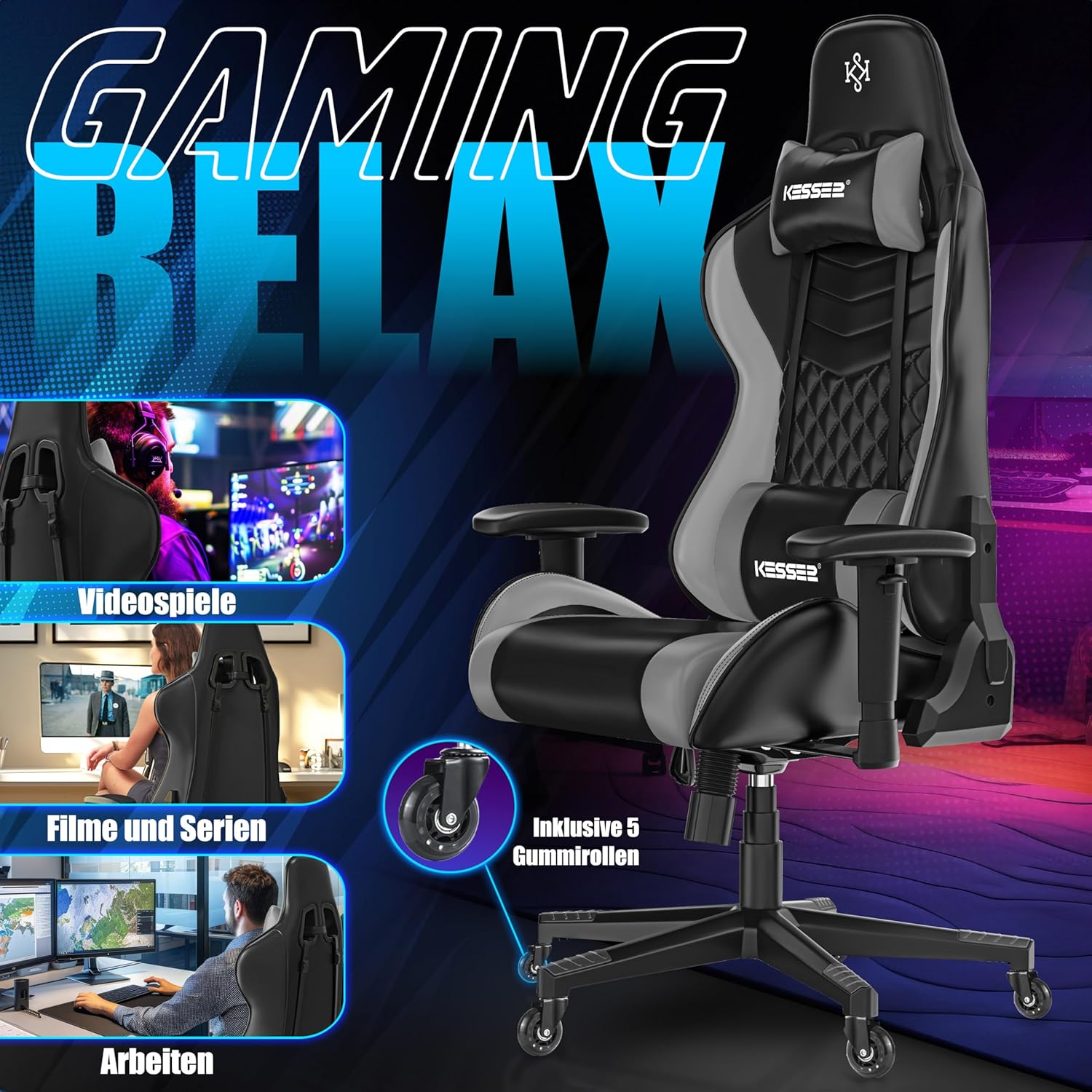 Bureaustoel - racestoel - gamestoel / gamingstoel - max 150 kg belastbaar 360 graden draaibaar - zwart - Afbeelding 7