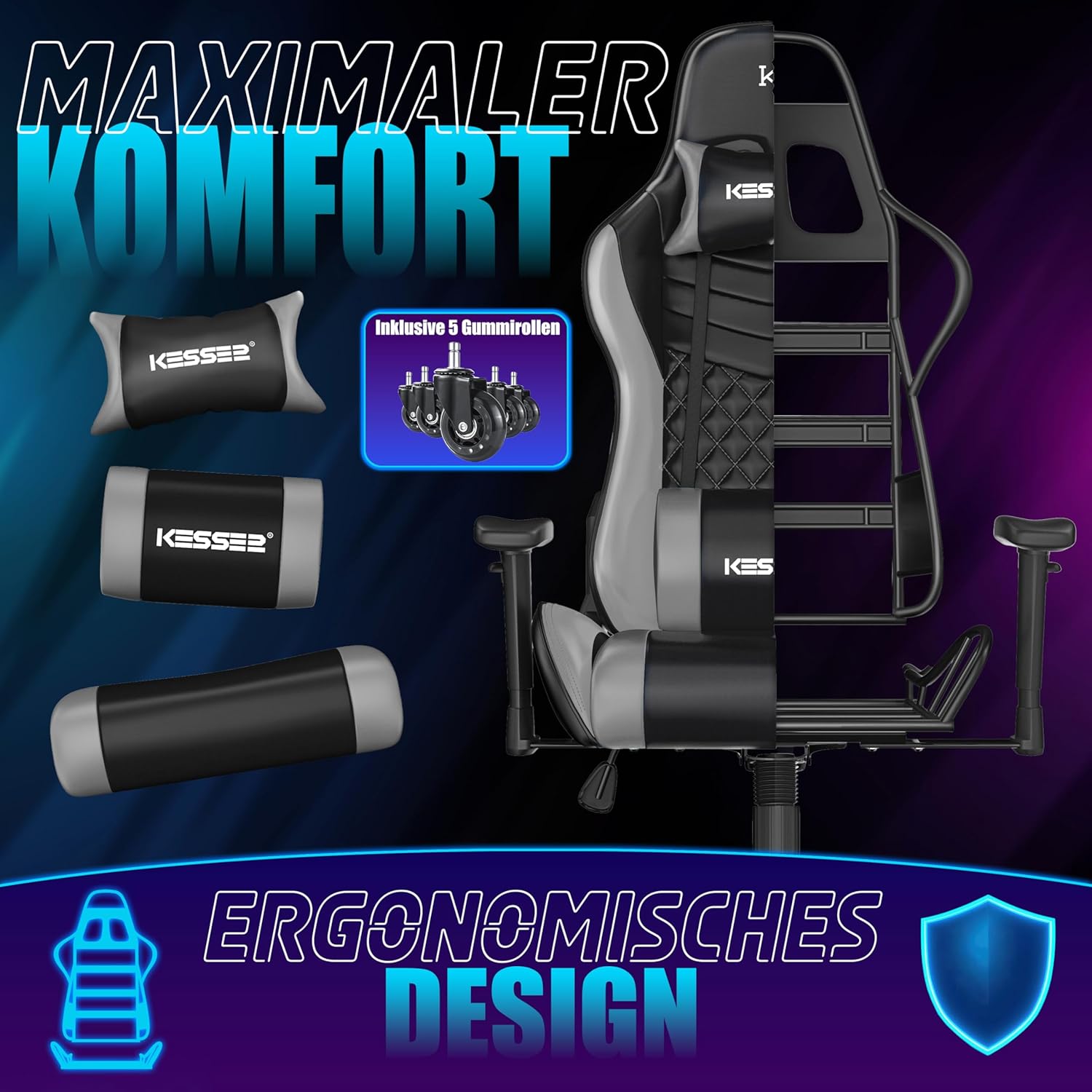 Bureaustoel - racestoel - gamestoel / gamingstoel - max 150 kg belastbaar 360 graden draaibaar - zwart - Afbeelding 8