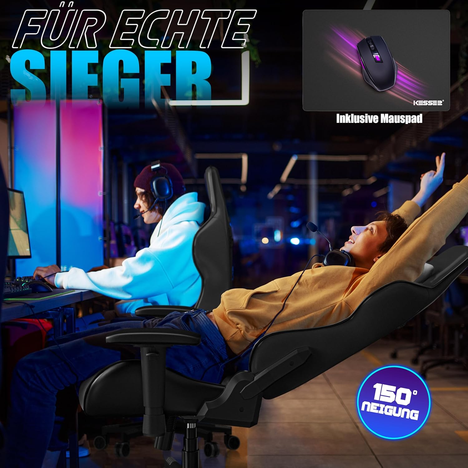 Bureaustoel - racestoel - gamestoel / gamingstoel - max 150 kg belastbaar 360 graden draaibaar - zwart - Afbeelding 9