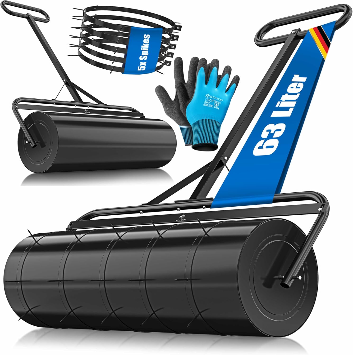 Gazonwals - handwals - gazonroller - metaal - 63 liter / 99 cm breed - vullen met water of zand - inclusief 5 x spikes en handschoenen