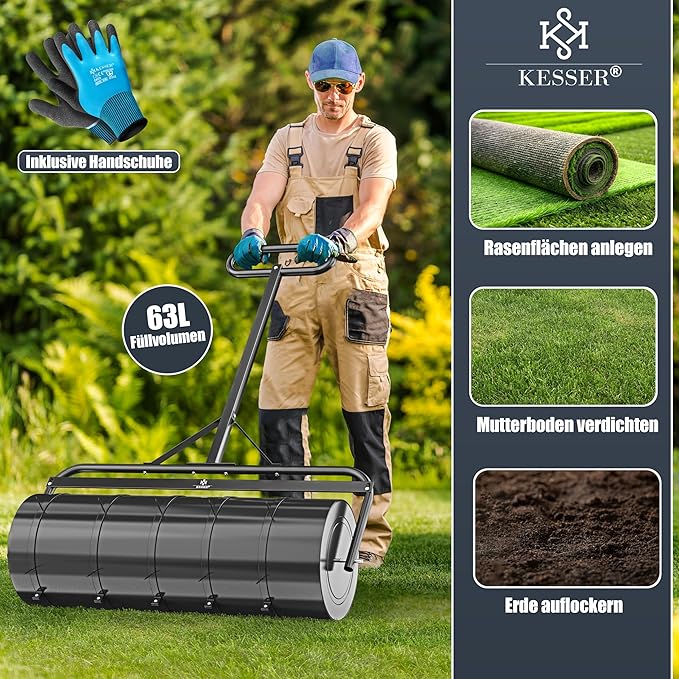 Gazonwals - handwals - gazonroller - metaal - 63 liter / 99 cm breed - vullen met water of zand - inclusief 5 x spikes en handschoenen - Afbeelding 3