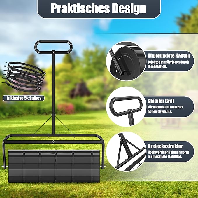 Gazonwals - handwals - gazonroller - metaal - 63 liter / 99 cm breed - vullen met water of zand - inclusief 5 x spikes en handschoenen - Afbeelding 4