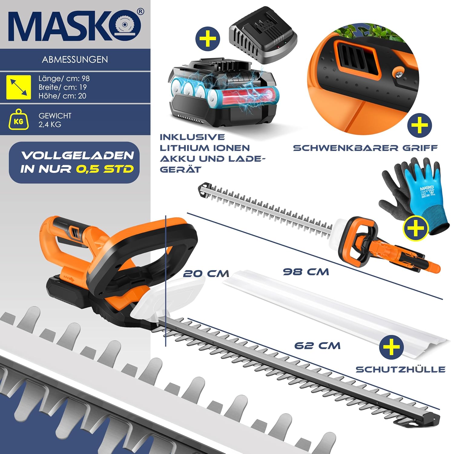 Accu heggenschaar - 57cm snijlengte - incl. handschoenen, beschermhoes en 21 V accu 2,0 Ah accu met oplader - Afbeelding 5