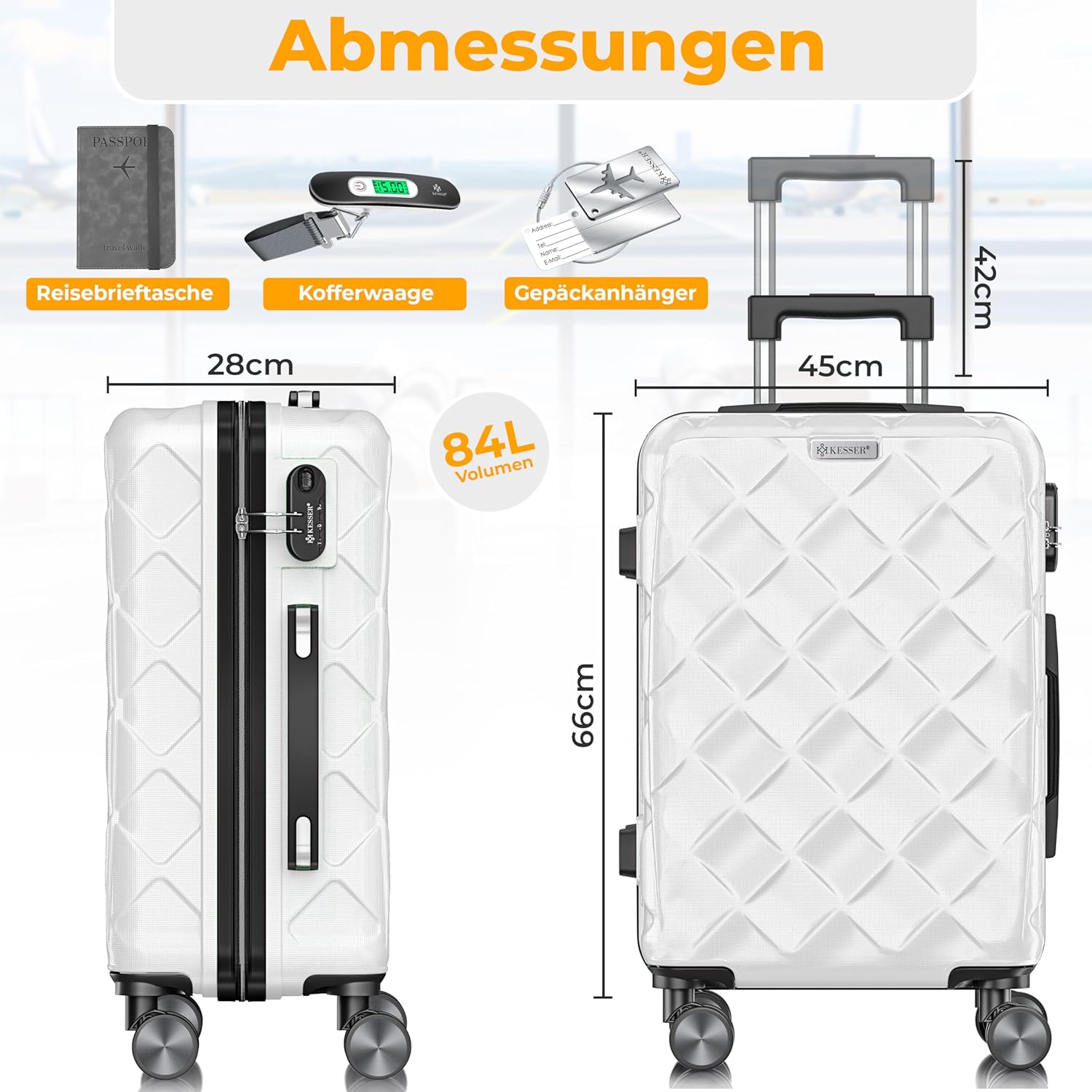 Reiskoffer- met wielen - hardcase - 66 cm / 84 liter - met slot - wit - Afbeelding 2
