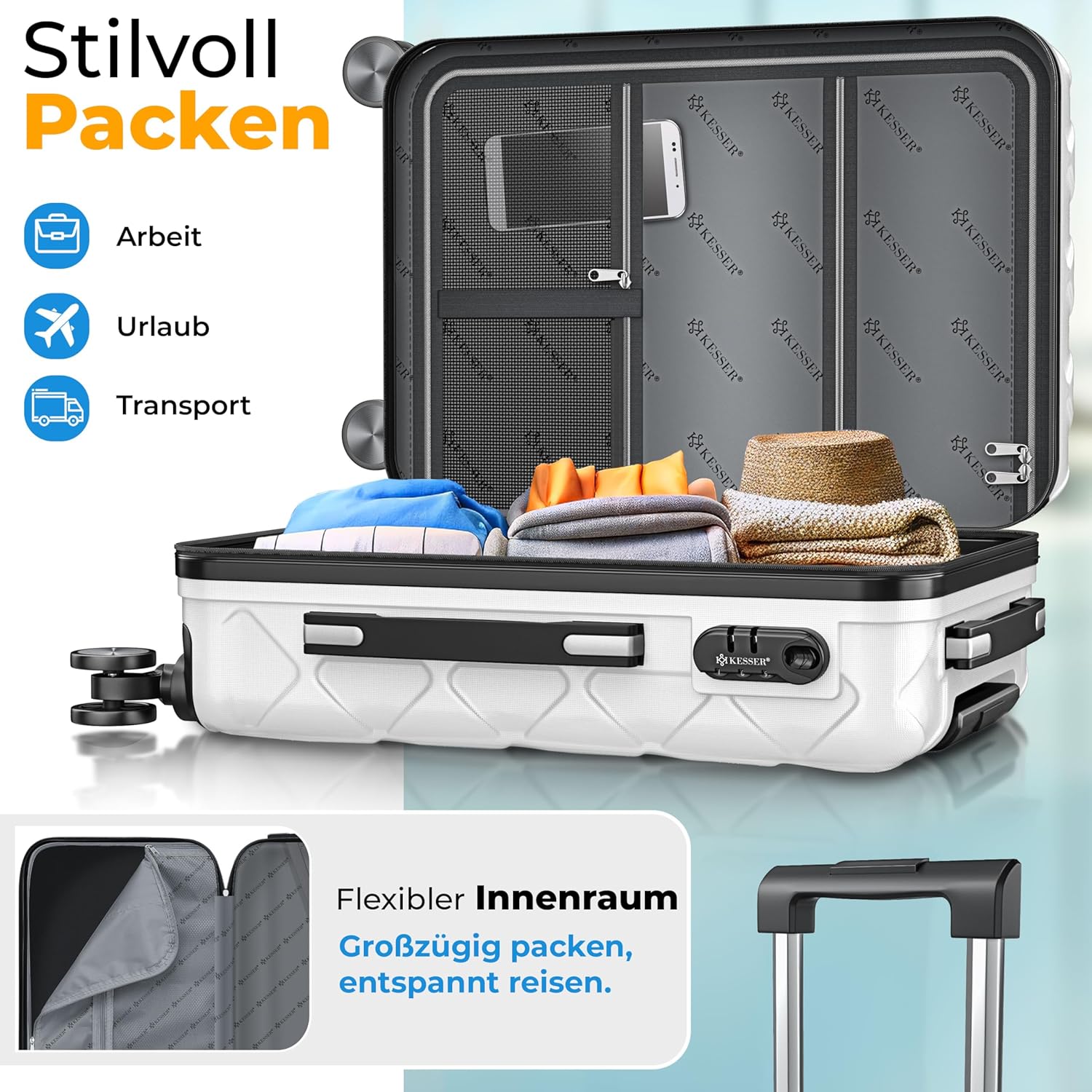 Reiskoffer- met wielen - hardcase - 66 cm / 84 liter - met slot - wit - Afbeelding 8