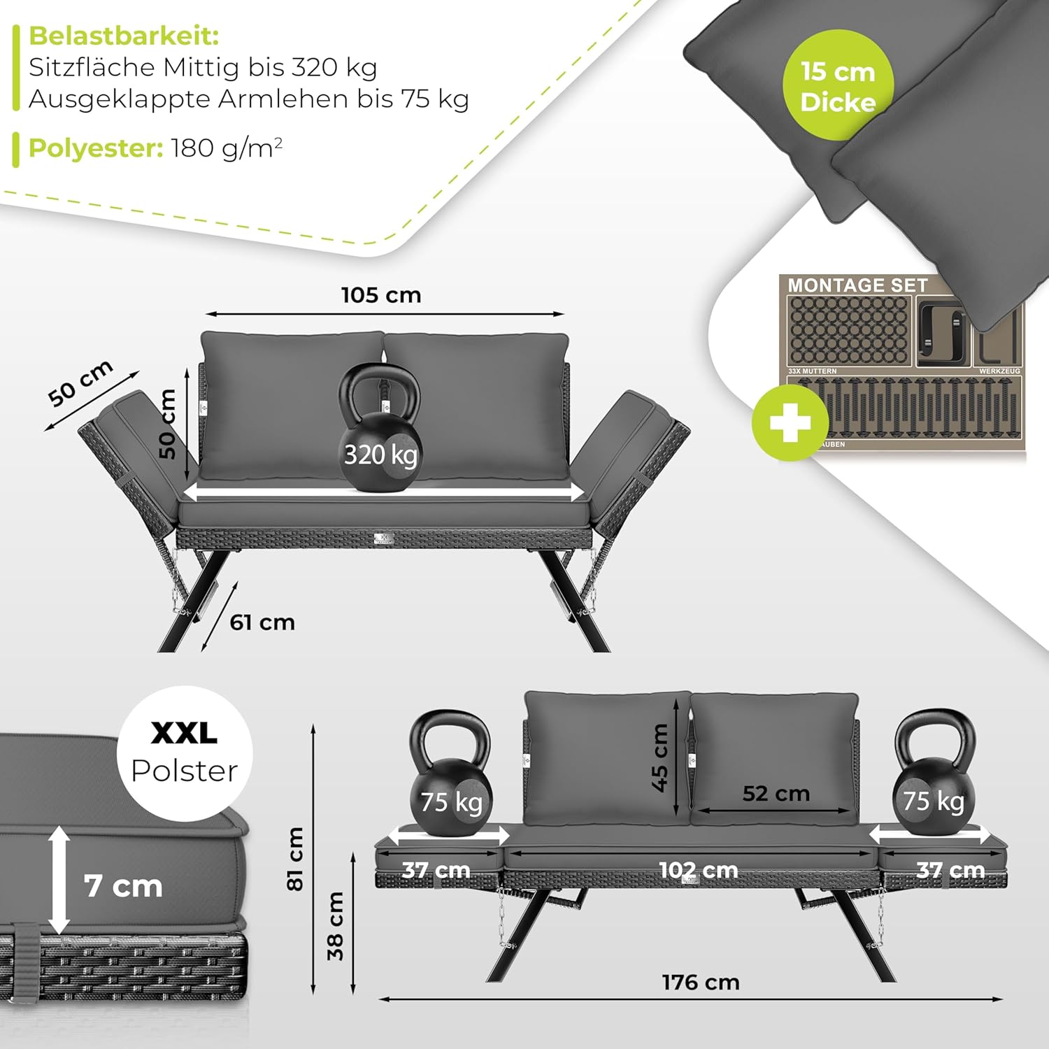Tuinbank / loungebank - breedte 176 cm - verstelbare leuning - 4-1 - dikke kussens - zwart / antraciet - Afbeelding 2
