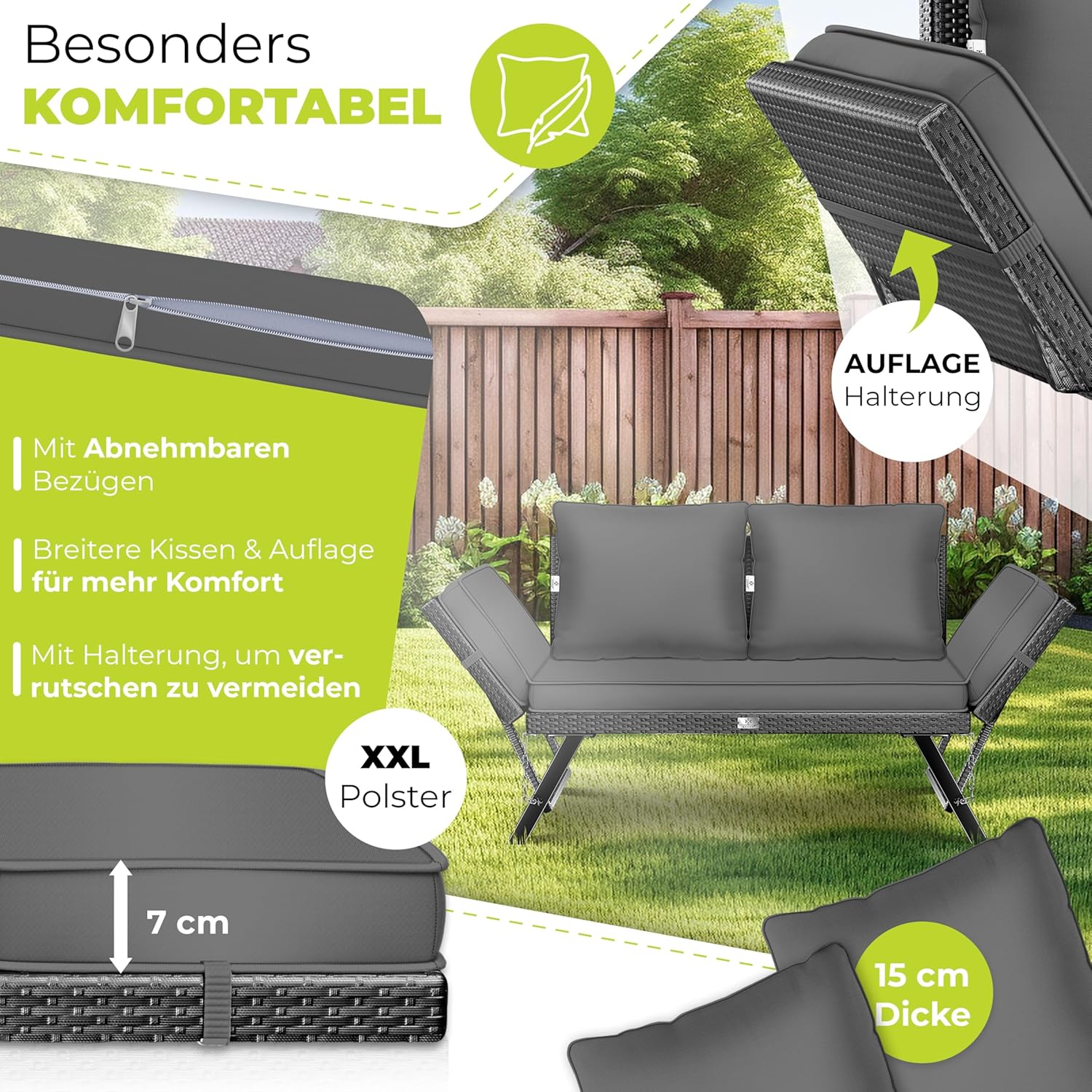 Tuinbank / loungebank - breedte 176 cm - verstelbare leuning - 4-1 - dikke kussens - zwart / antraciet