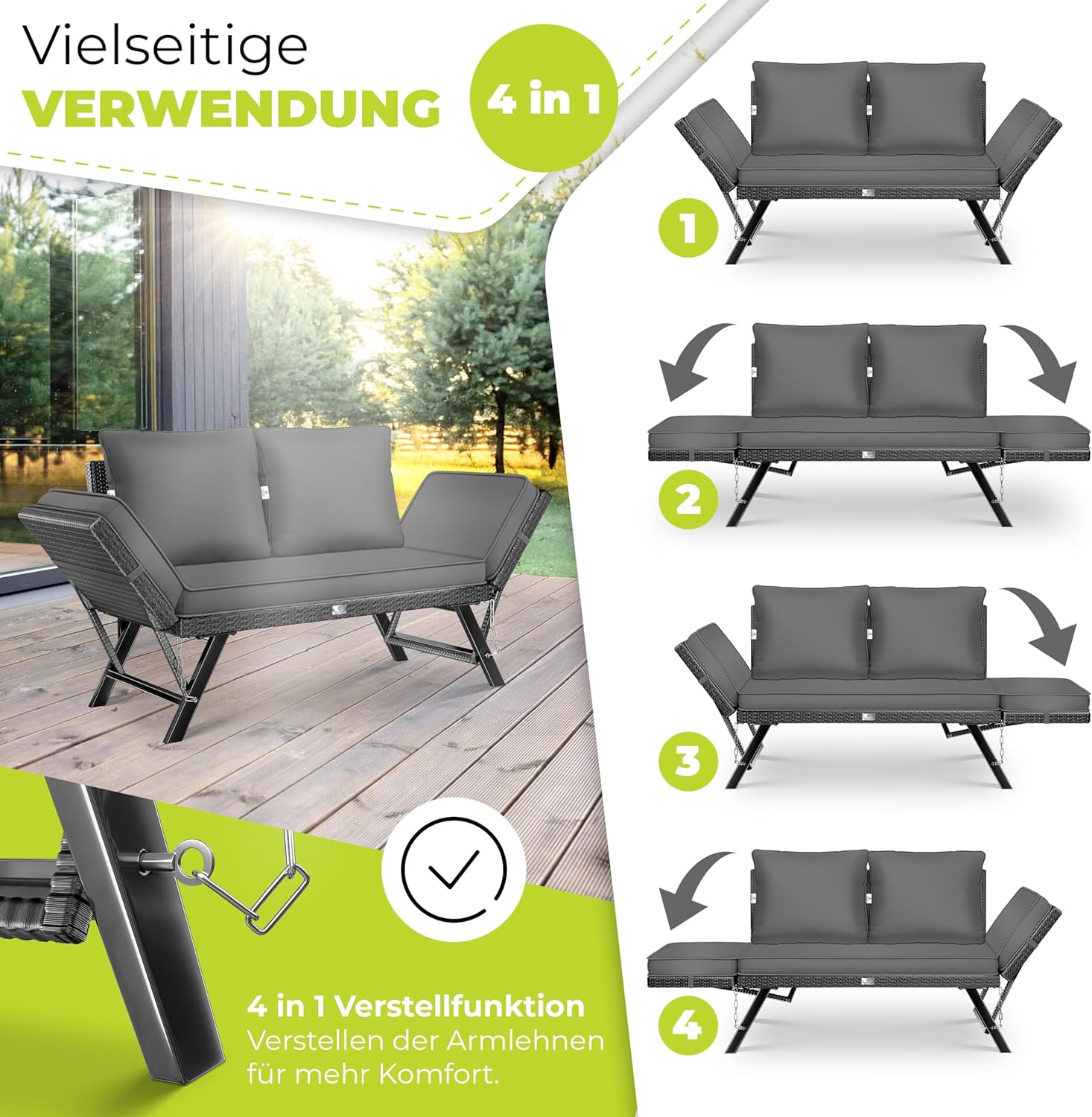Tuinbank / loungebank - breedte 176 cm - verstelbare leuning - 4-1 - dikke kussens - zwart / antraciet - Afbeelding 3