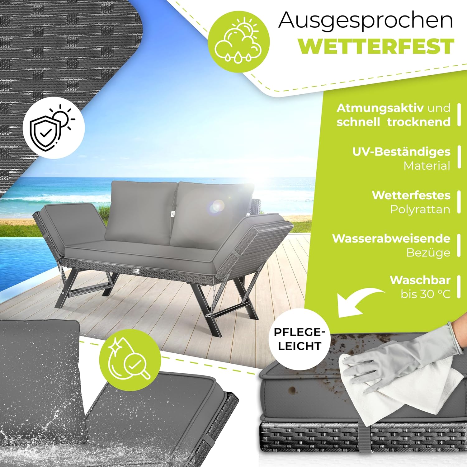 Tuinbank / loungebank - breedte 176 cm - verstelbare leuning - 4-1 - dikke kussens - zwart / antraciet - Afbeelding 4