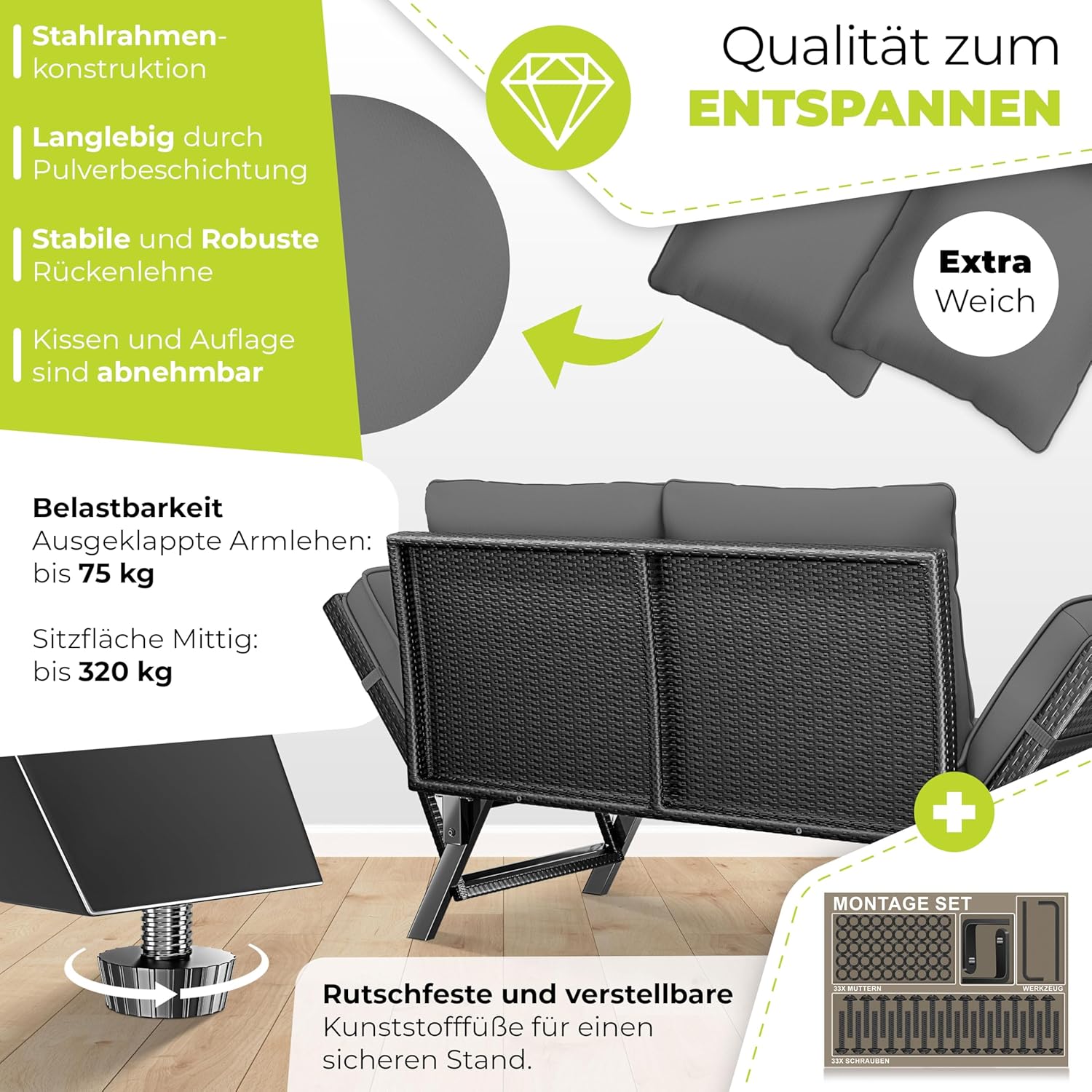 Tuinbank / loungebank - breedte 176 cm - verstelbare leuning - 4-1 - dikke kussens - zwart / antraciet - Afbeelding 5