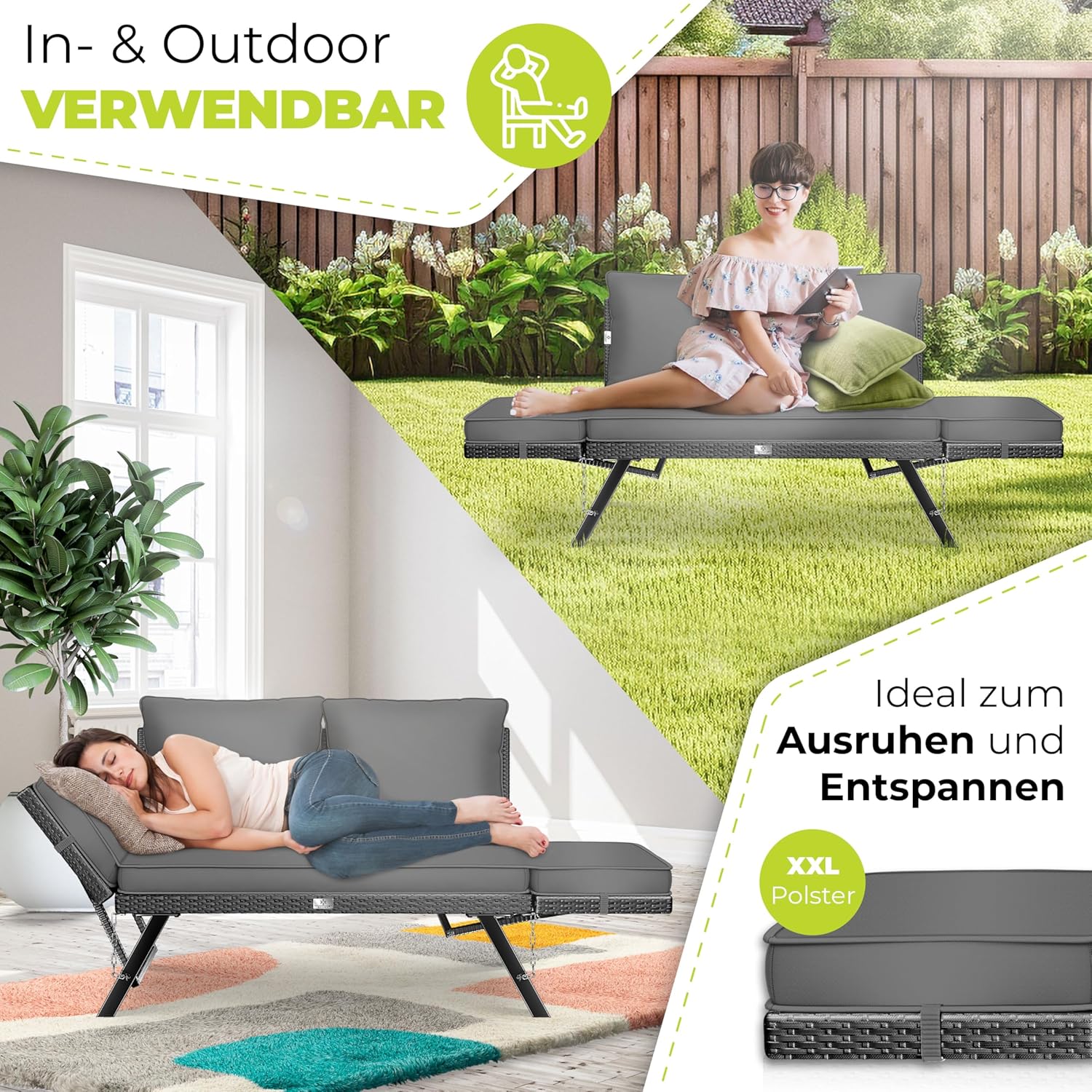 Tuinbank / loungebank - breedte 176 cm - verstelbare leuning - 4-1 - dikke kussens - zwart / antraciet - Afbeelding 6