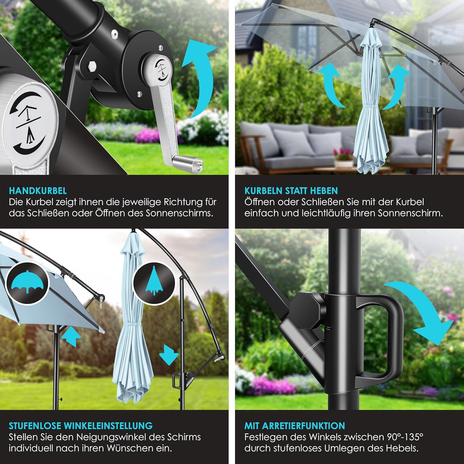 Zweefparasol - diameter 300cm - parasol 360° draaibaar - met beschermhoes - hemelblauw - Afbeelding 4