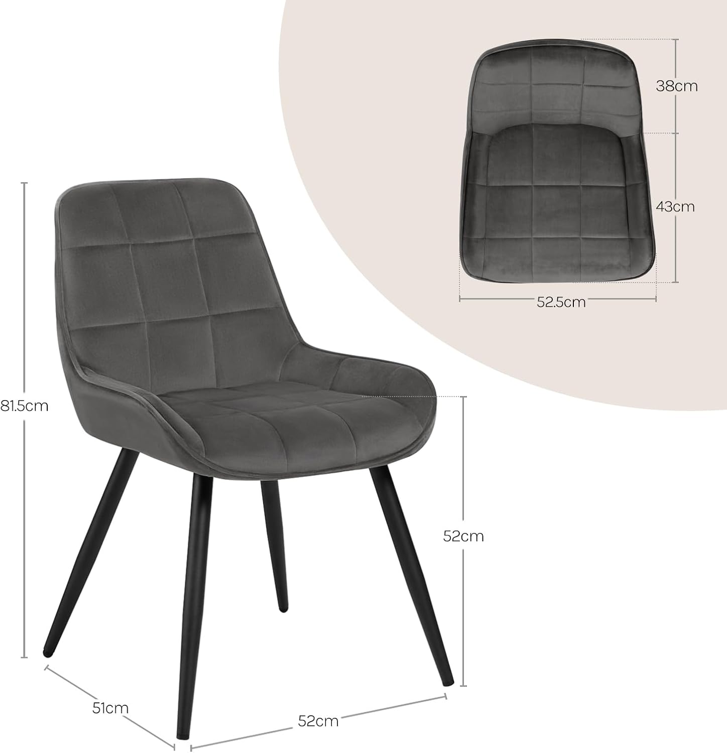 2x eetkamerstoel / kuipstoel / keukenstoel - stoffen zitting met metalen frame - donkergrijs - set van 2 stuks - Afbeelding 2